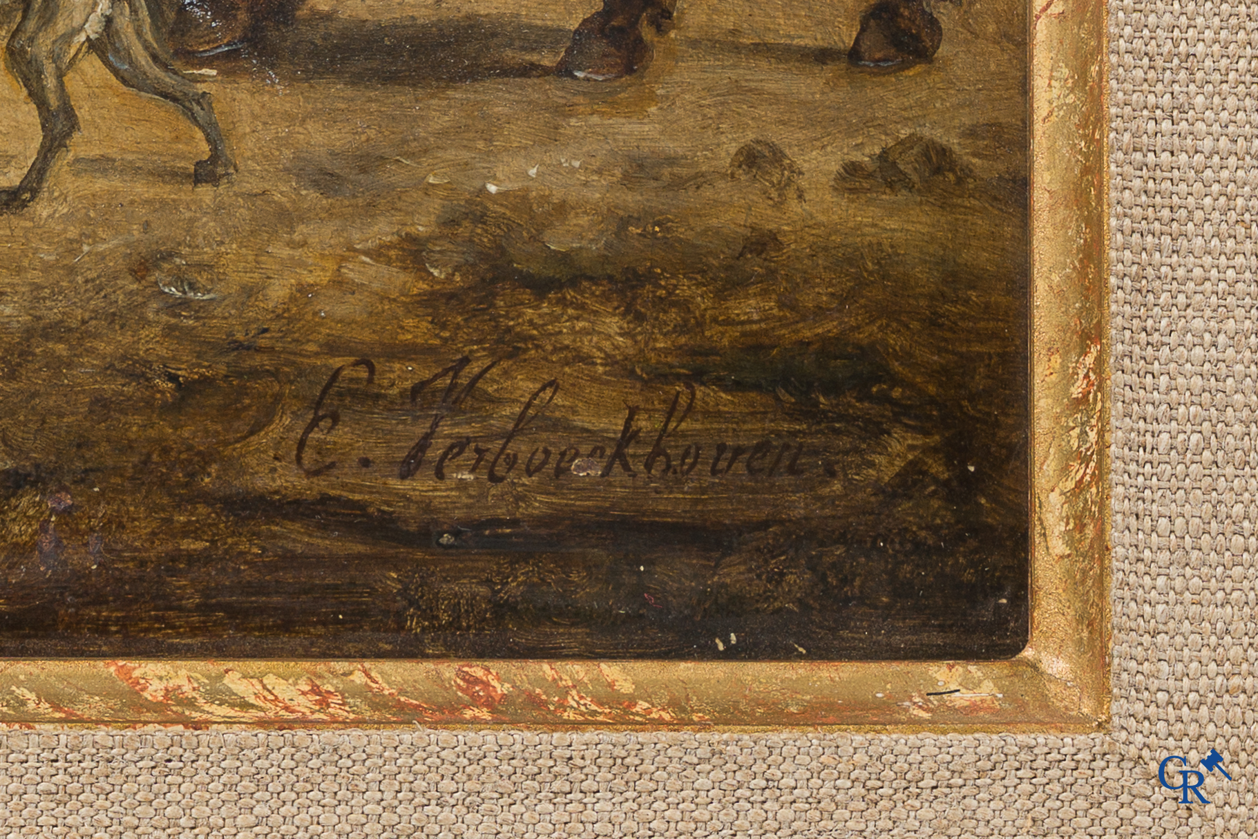 Eugène Verboeckhoven (1798-1881) Reiziger te paard bij rustplaats. Olie op mahonie paneel. Rechtsonder gesigneerd.