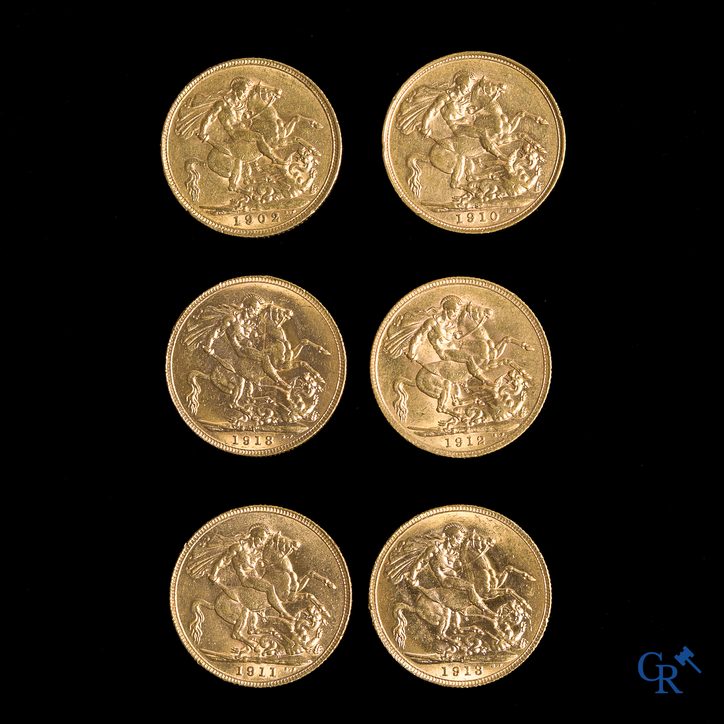 6 gouden Britse ponden. 4 munten Georges V, 1911 - 1912 - 1913 (2) en 2 munten Edwardus VII, 1902 - 1910.