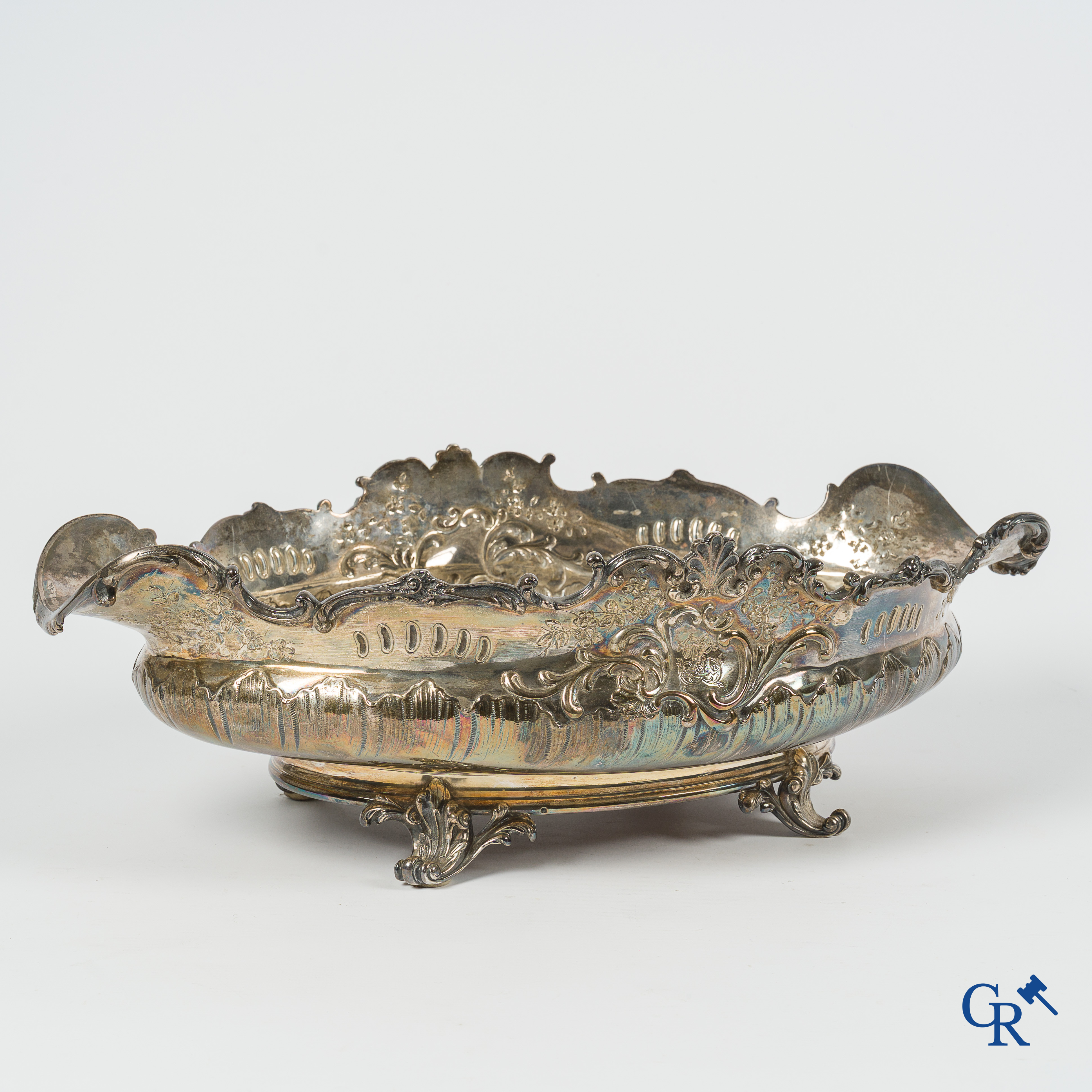 Silver. Decorative center piece or "milieu de table" in silver. Marked with a Minerva head. LXV style.