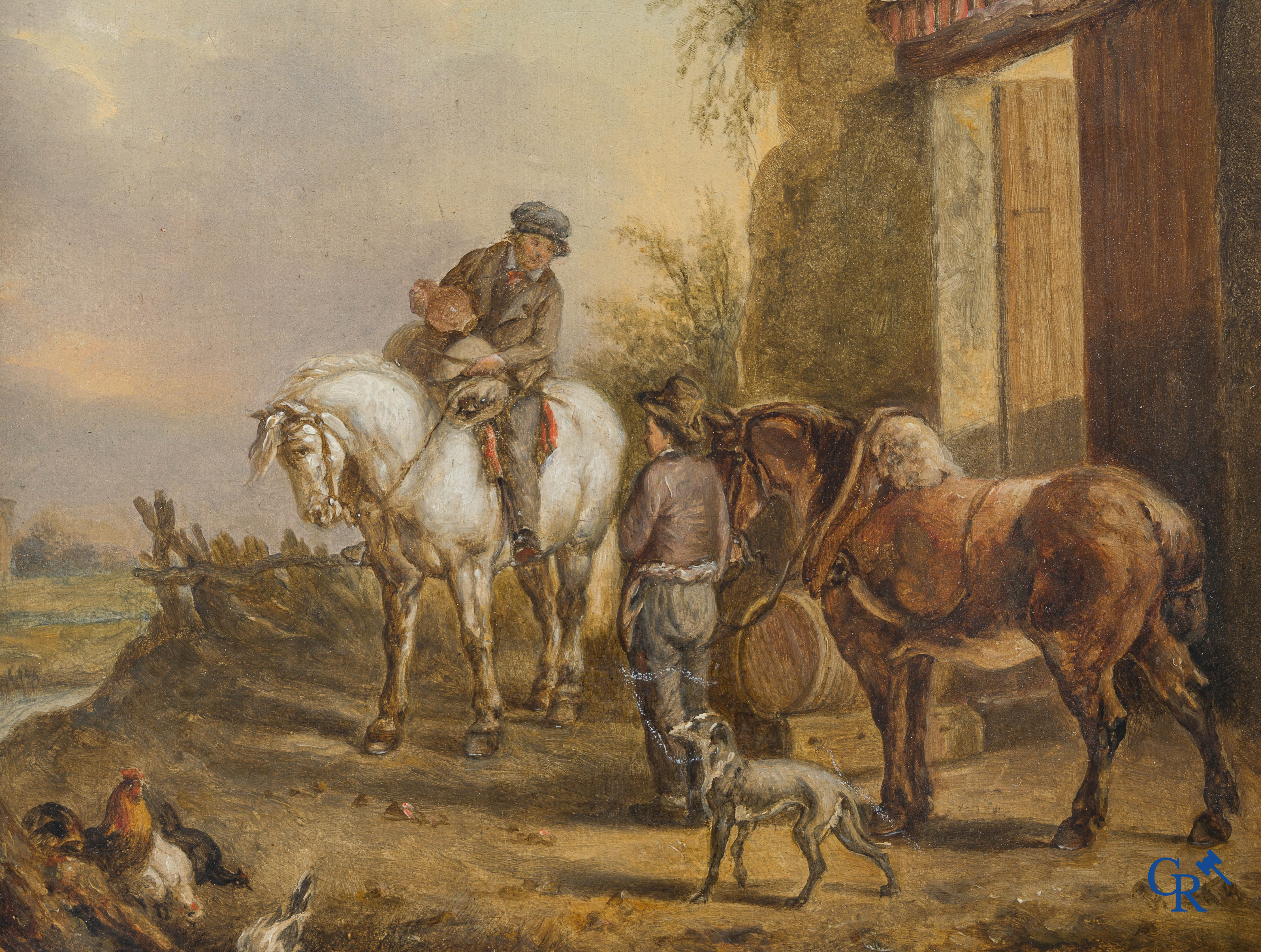 Eugène Verboeckhoven (1798-1881) Reiziger te paard bij rustplaats. Olie op mahonie paneel. Rechtsonder gesigneerd.