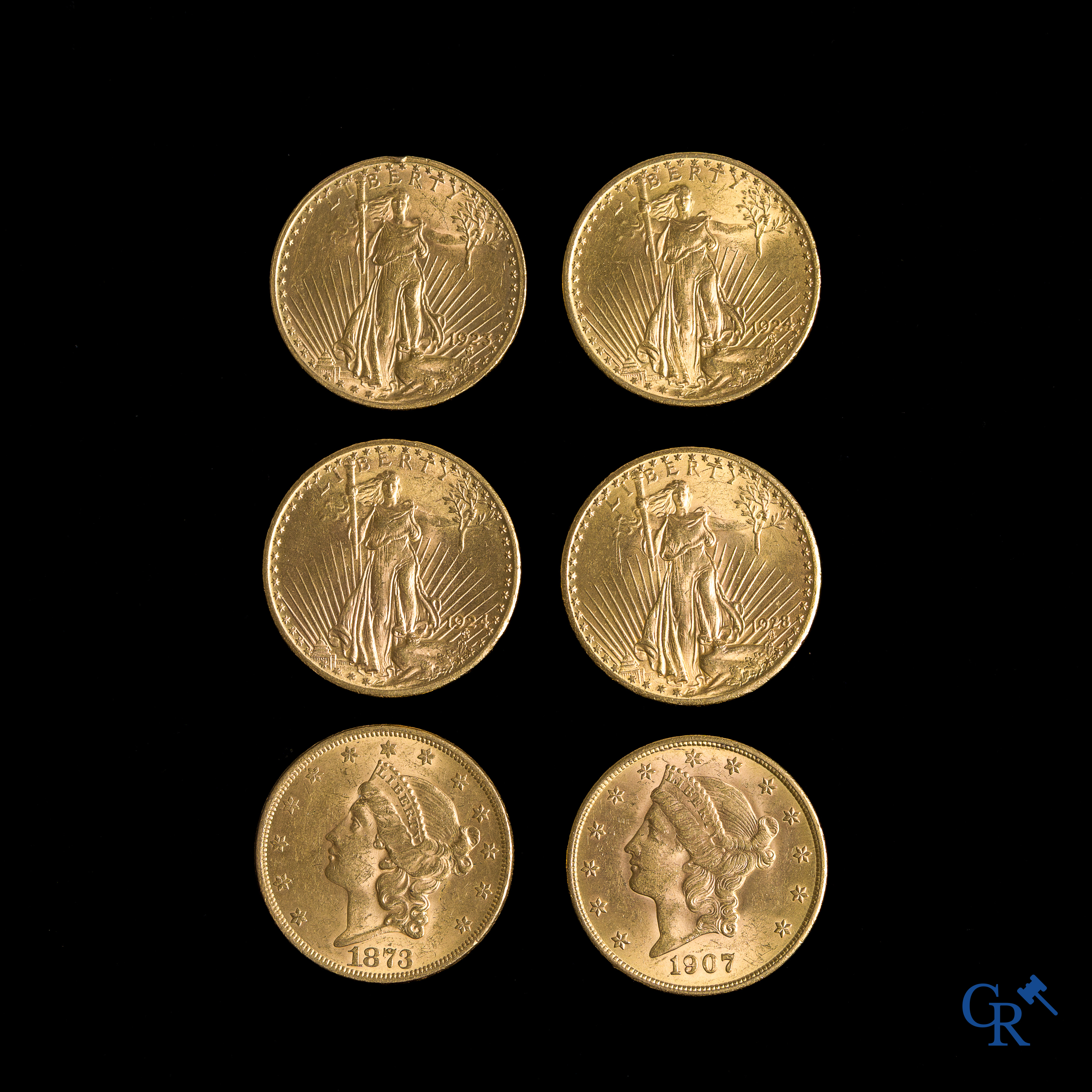 Munten. 6 gouden Amerikaanse dollars. 4 x Liberty (1923, 1924 (2) en 1928). 2 x Gaudens (1873 en 1907).
