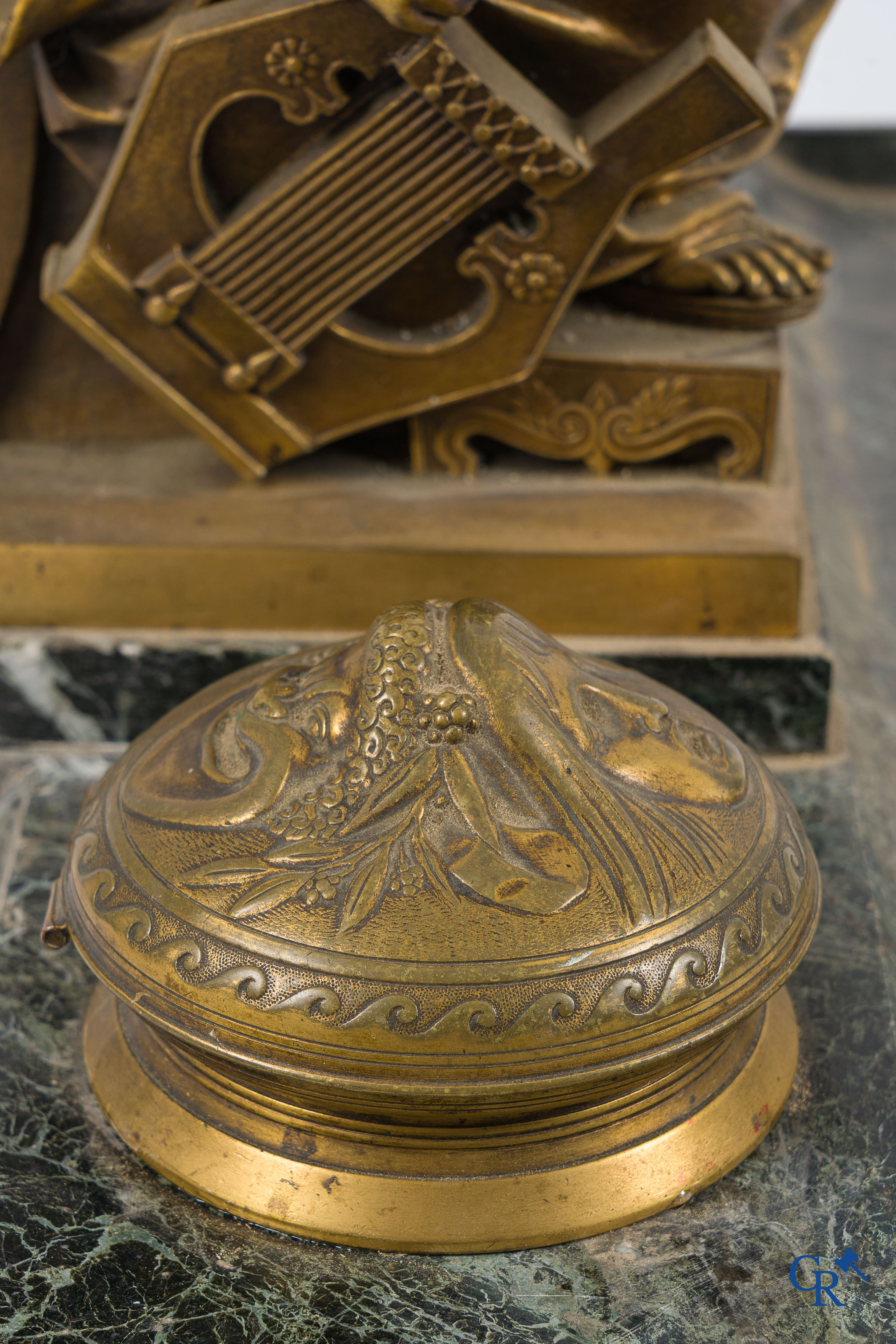 Napoleon III period. Exceptionally large desk set or ink set in gilded bronze and marble.