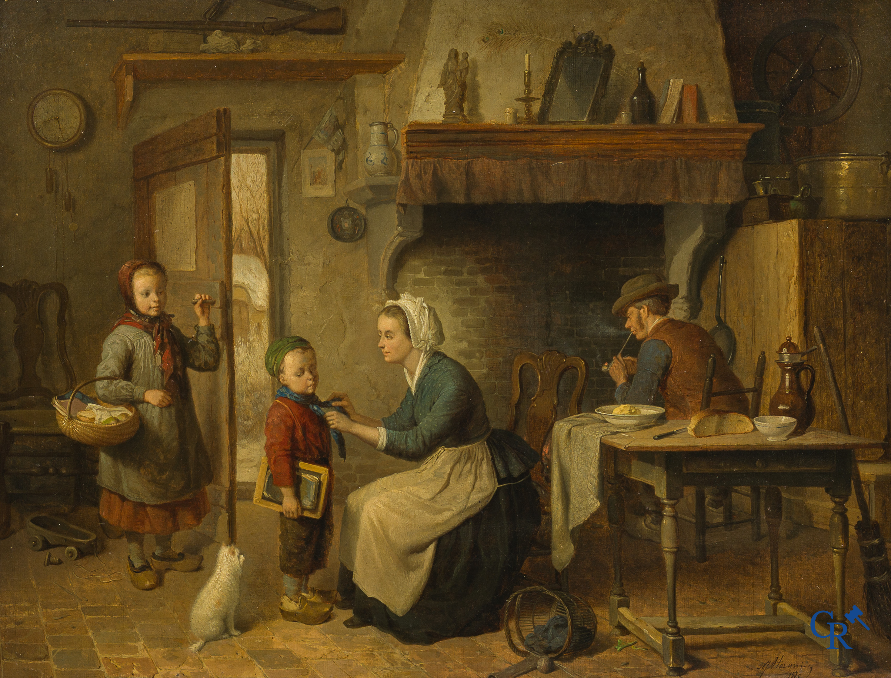 Norbert Joseph Horgnies (1830-1870) "Vertrek naar school" Olie op doek. Rechtsonder gesigneerd en gedateerd 1870.