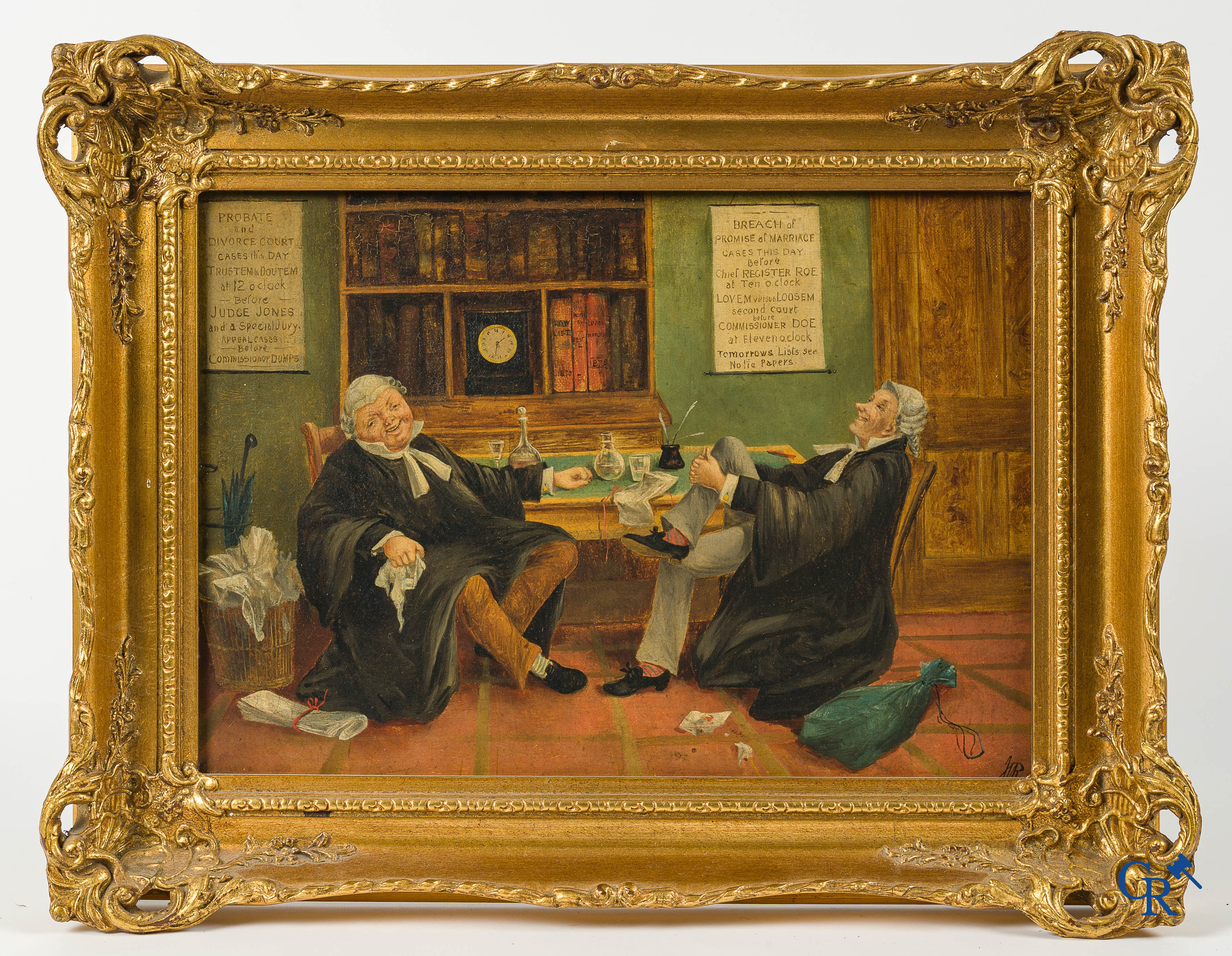 Engelse school, 19e eeuw. Pendant. De rechters en de onderhandelaars. Gemonogrammeerd JVR.