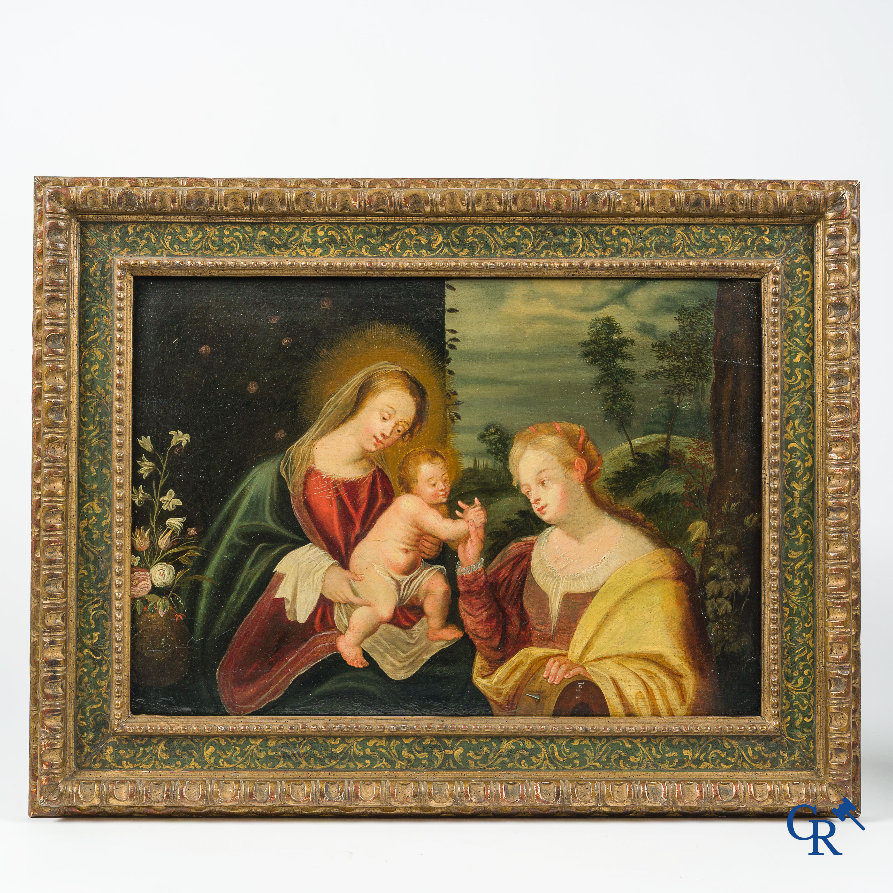 Vlaamse School, 17e eeuw. Schilderij, olie op paneel. "Mariage mystique de Sainte Catherine".
