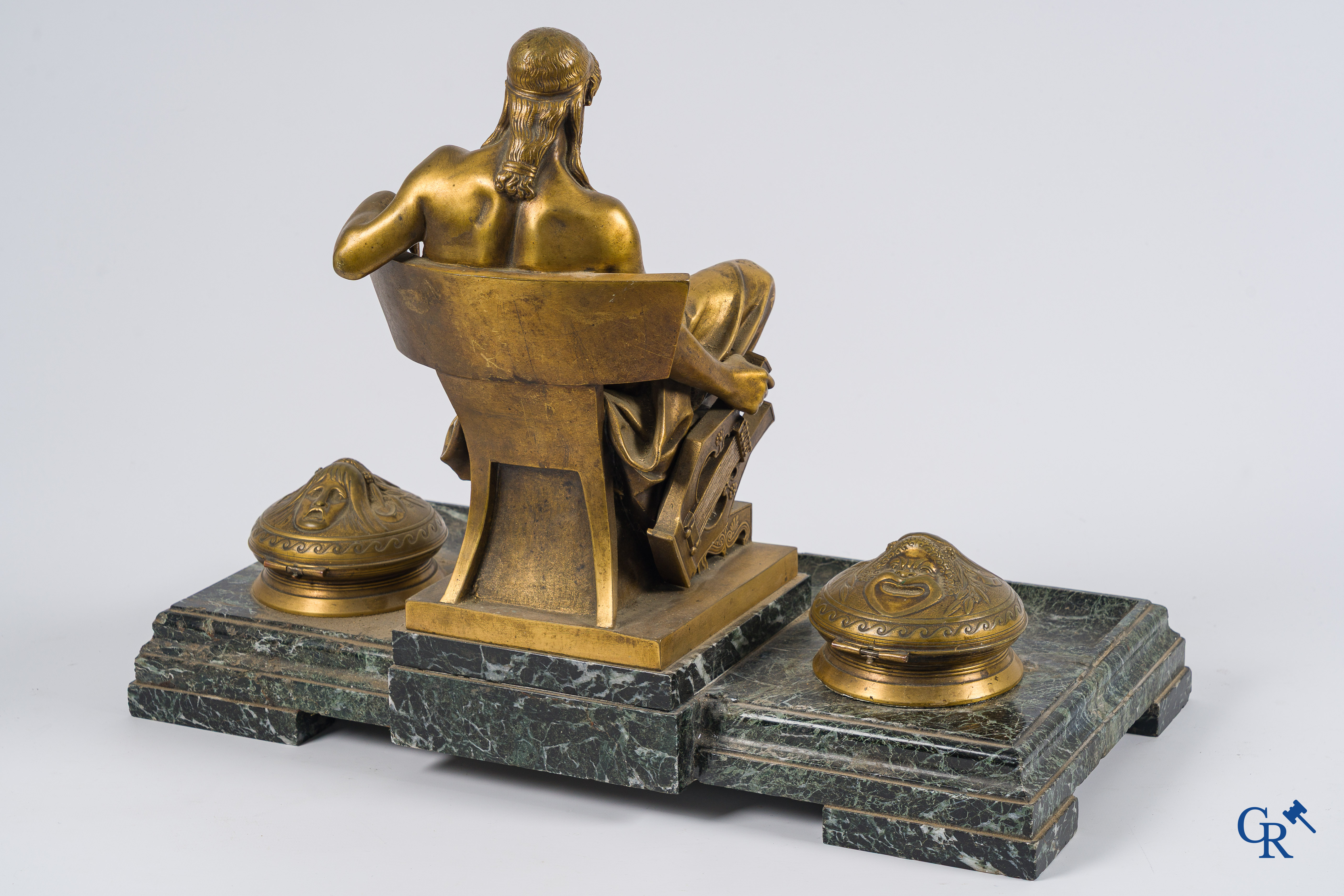Napoleon III period. Exceptionally large desk set or ink set in gilded bronze and marble.