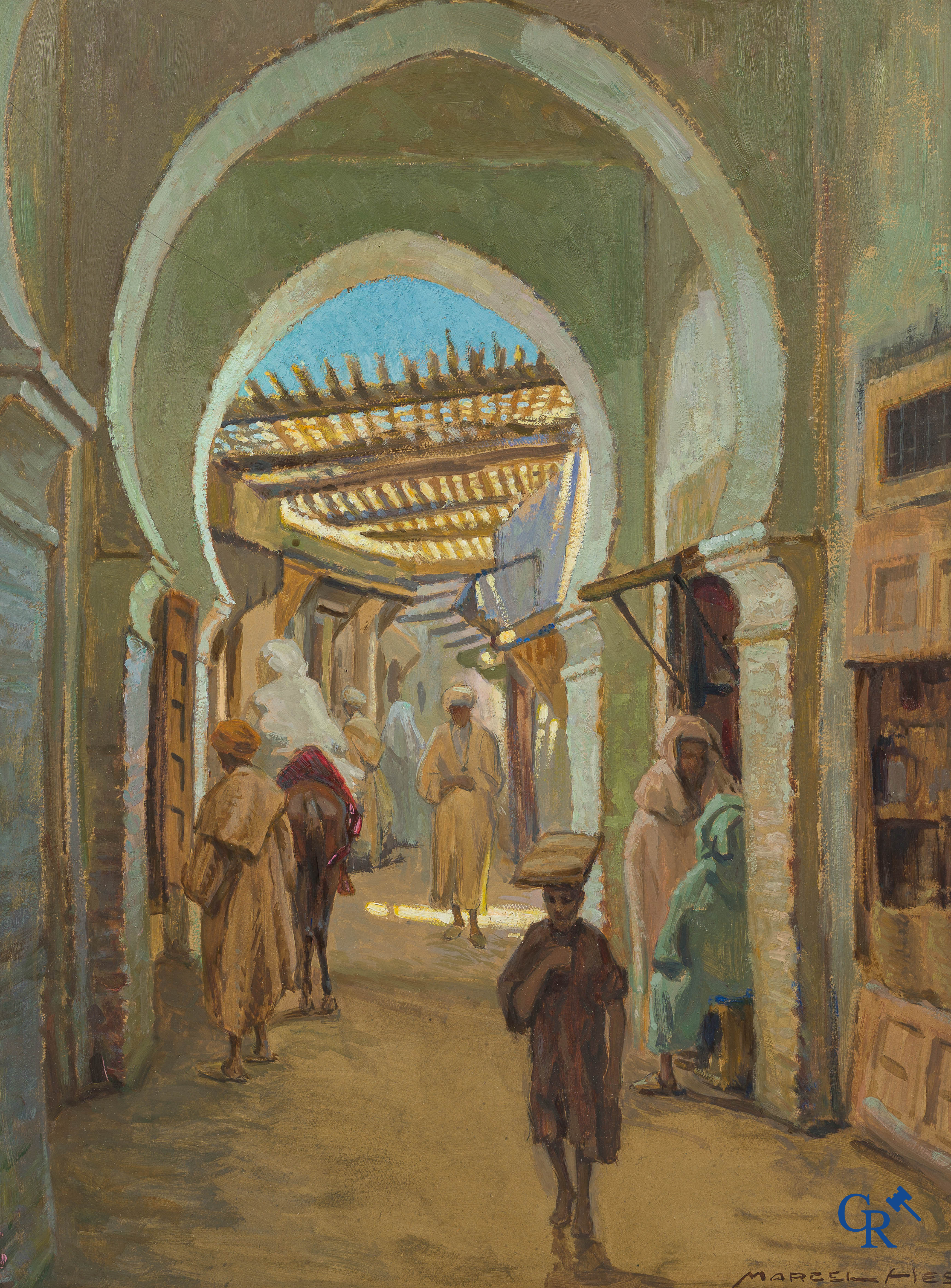 Marcel Hess (1878-1948) Oriëntaalse scène. "Souks à Médina de Fez" Olie op hard karton. Rechtsonder gesigneerd.