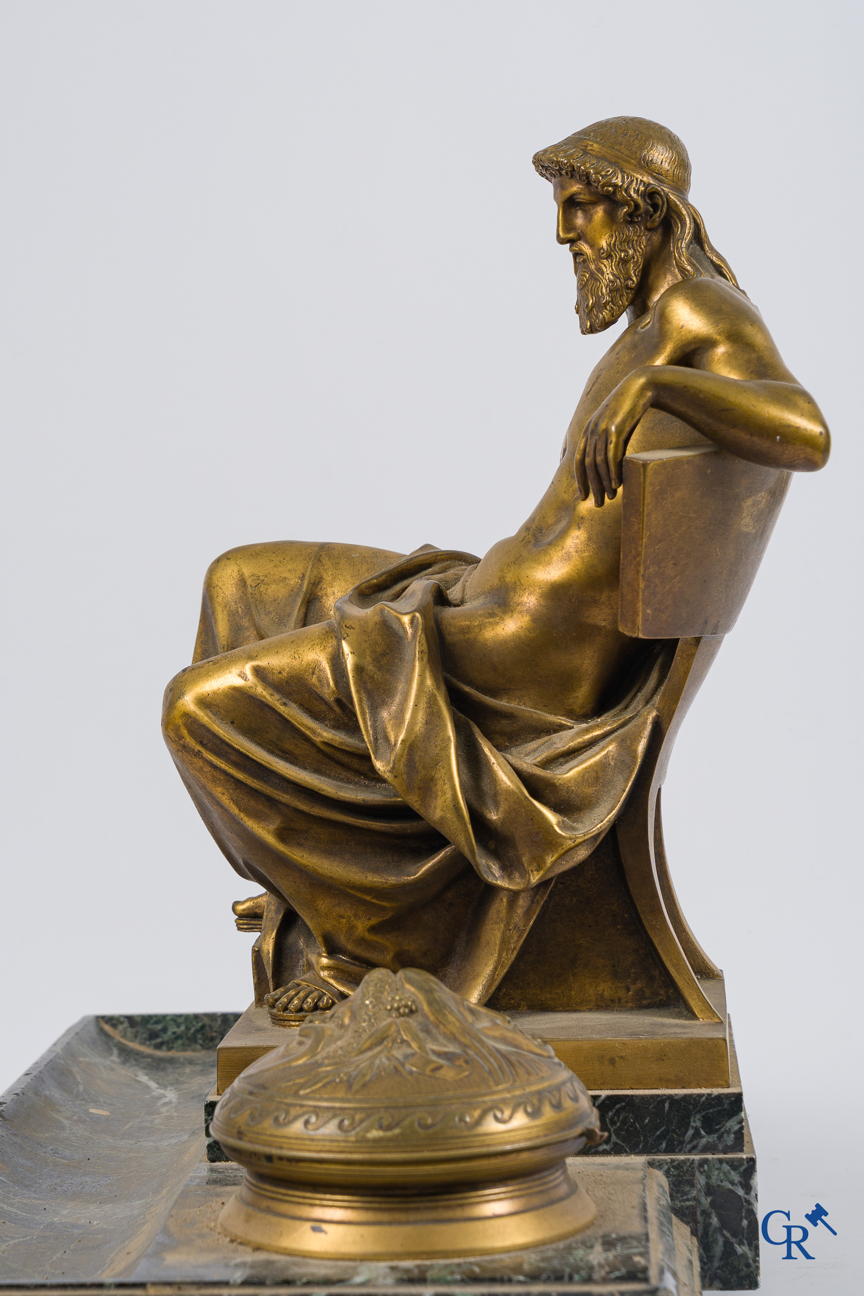 Napoleon III period. Exceptionally large desk set or ink set in gilded bronze and marble.