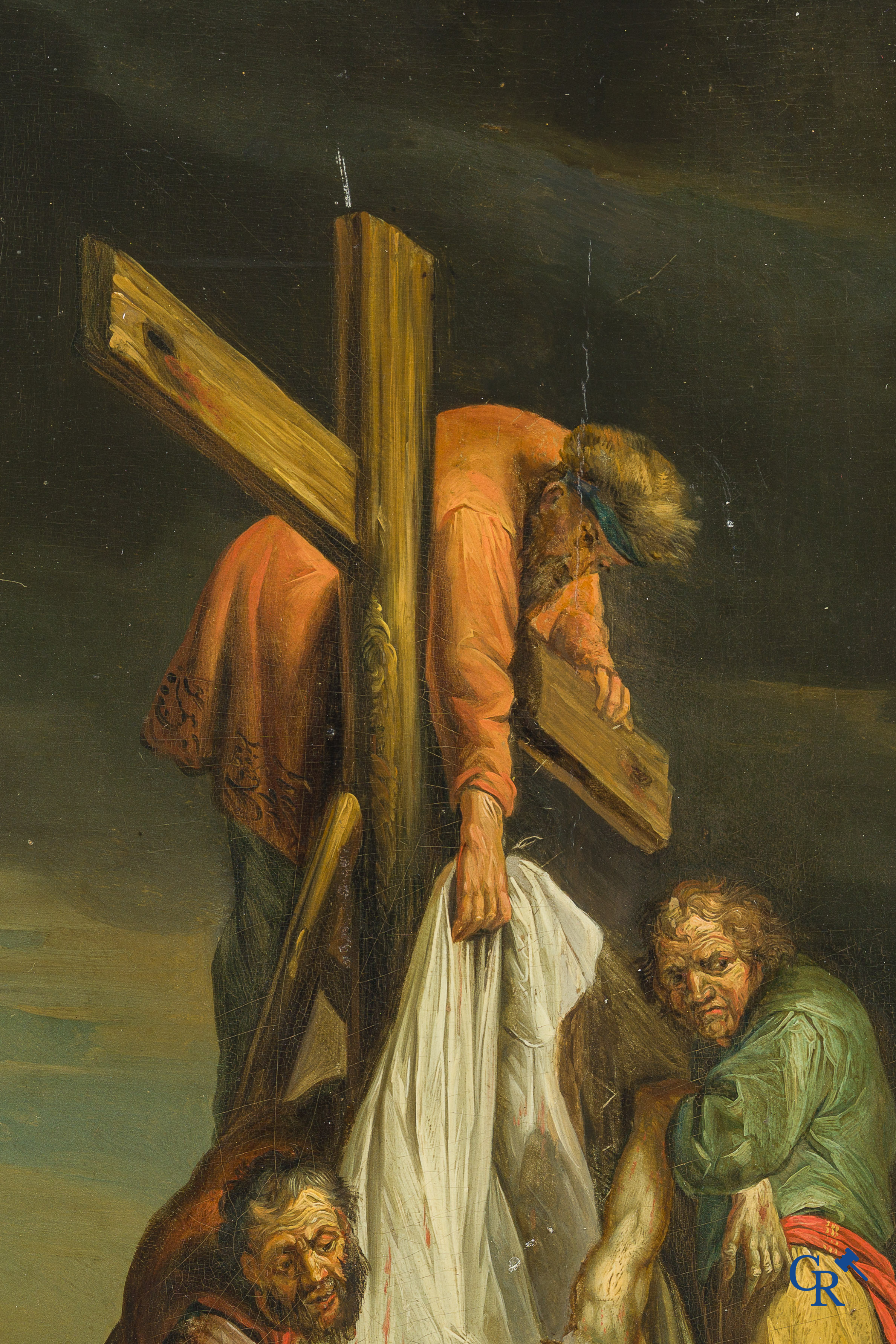 Painting. After Rembrandt van Rijn. The Descent from the Cross. Oil on parqueted panel. 18th century.