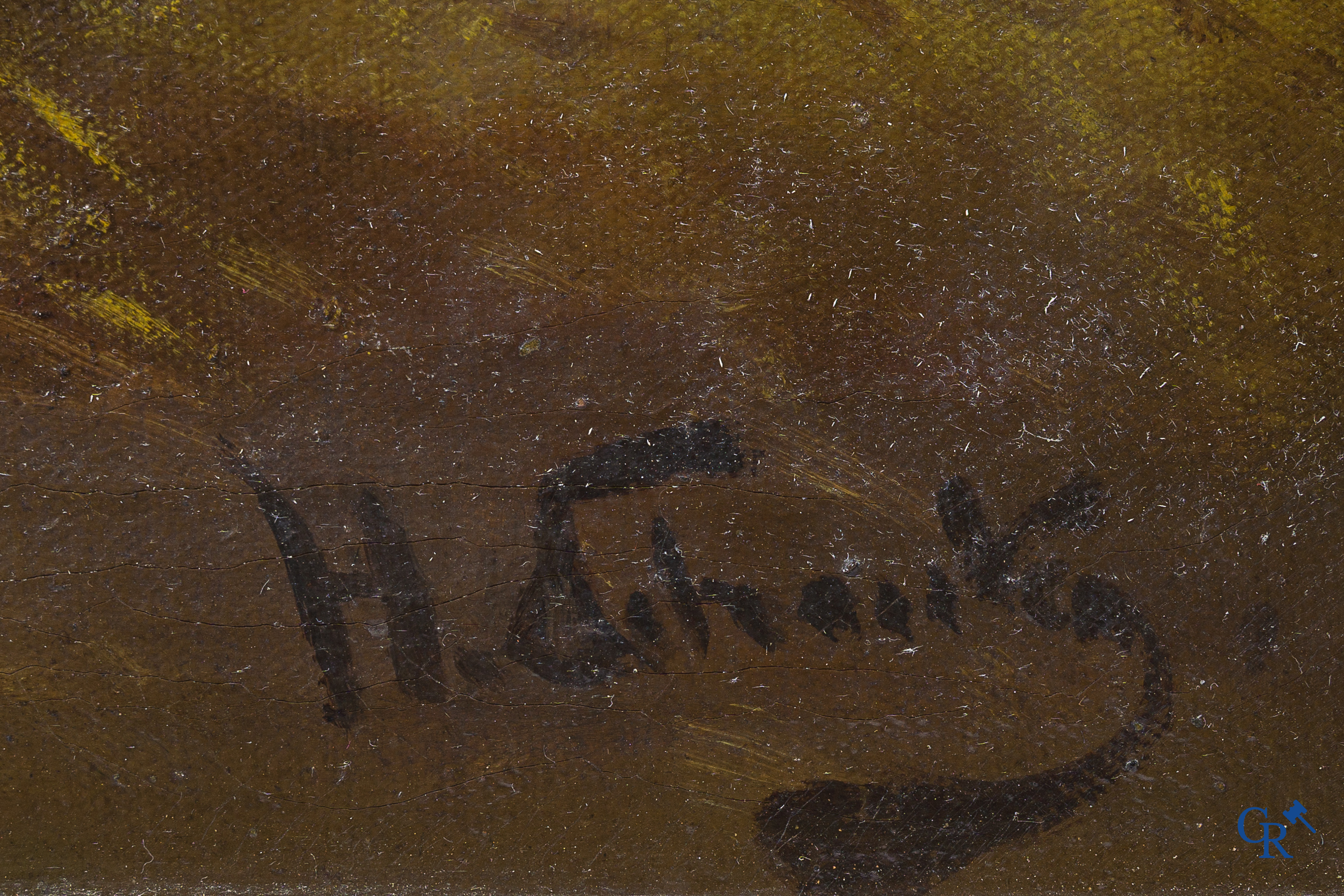 Henry Schouten. Kippen en haan. Olie op doek. Rechtsonder gesigneerd H. Schouten.