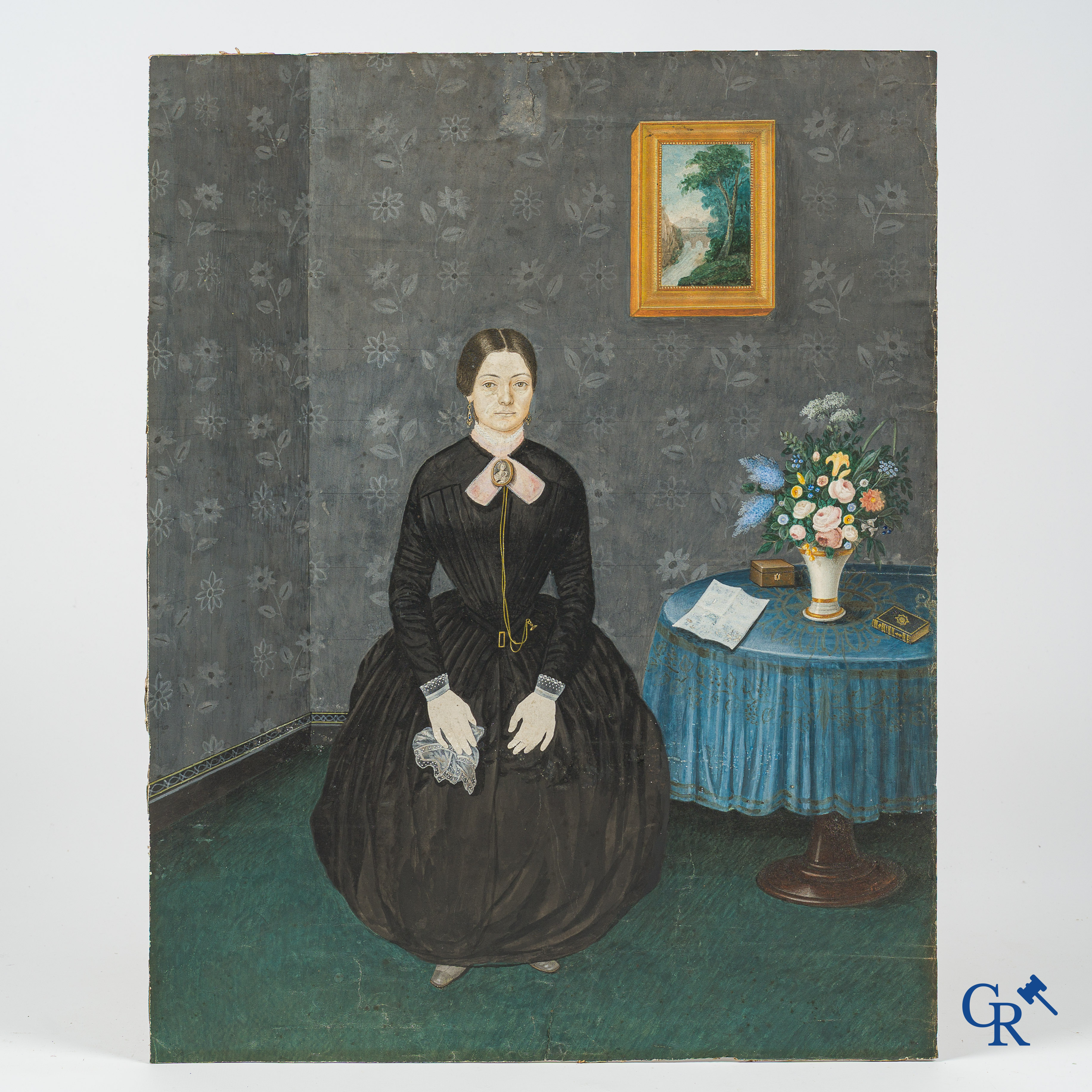 Ammi Phillips (1788-1865) Amerikaanse folk art. Portret van een jonge vrouw met kanten kraag en sieraden.