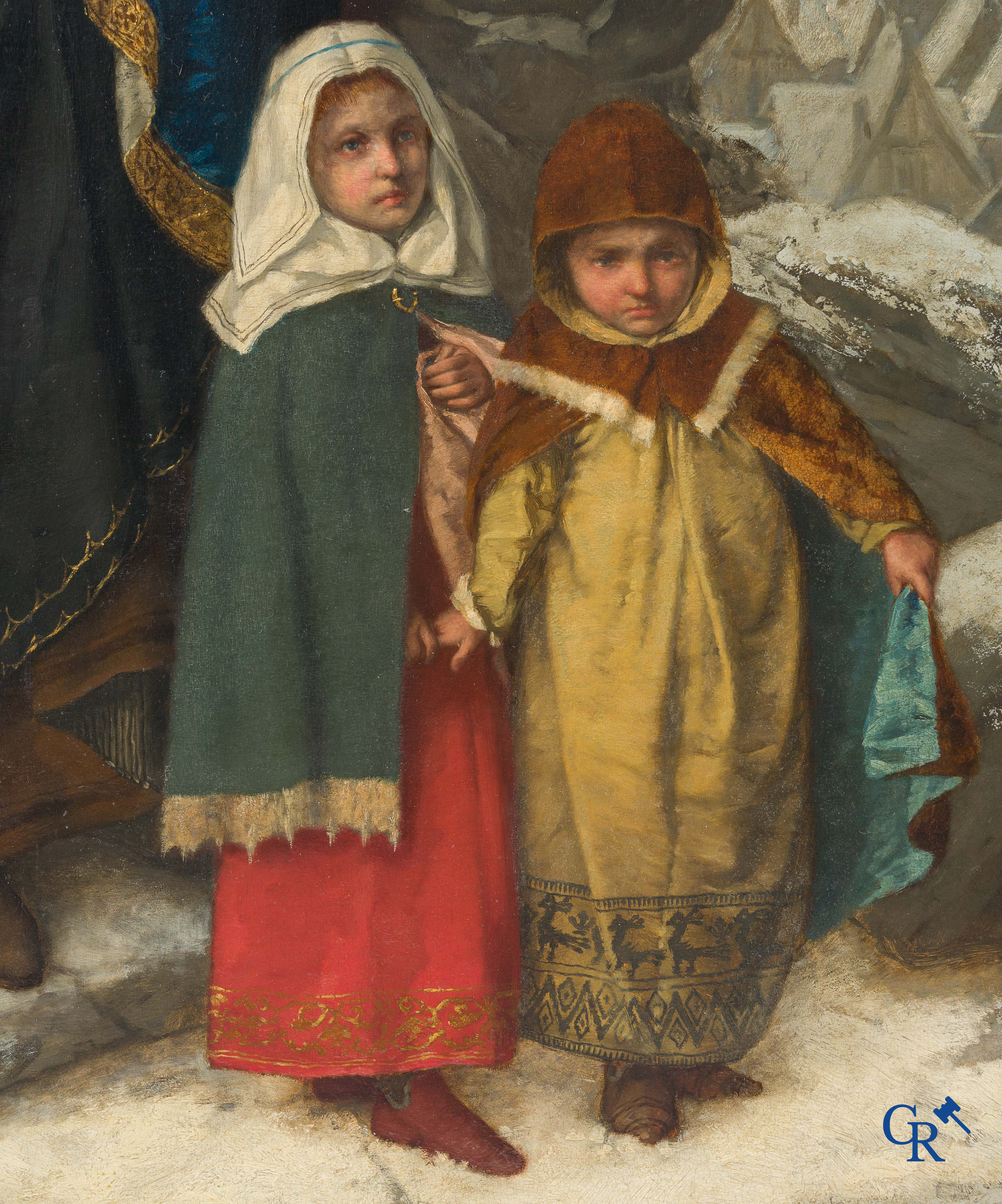 Juliaan De Vriendt. (1842-1935) "Sainte-Elisabeth chassée de la Wartbourg"  Olie op paneel. Gedateerd 1873.
