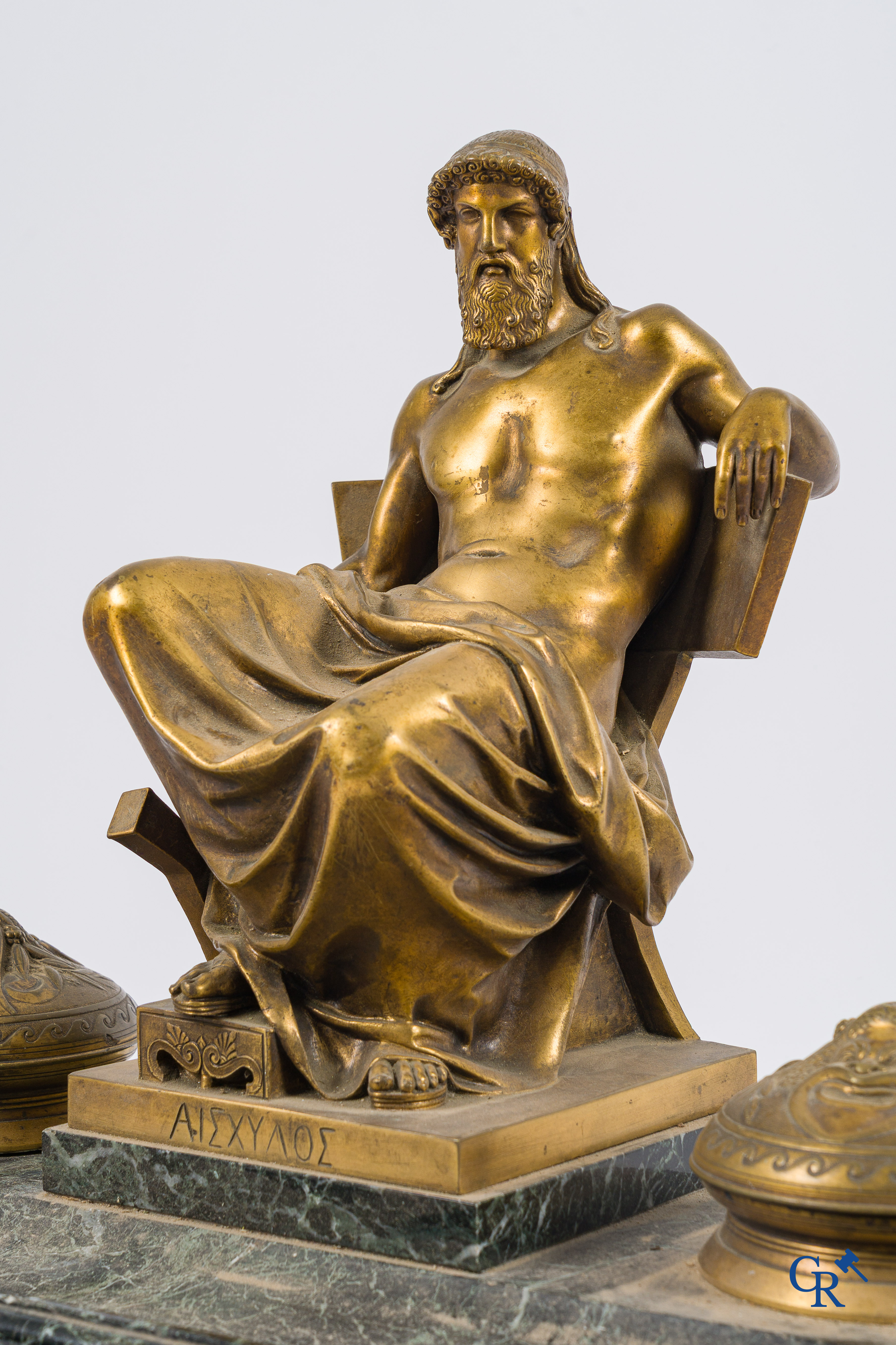 Napoleon III period. Exceptionally large desk set or ink set in gilded bronze and marble.