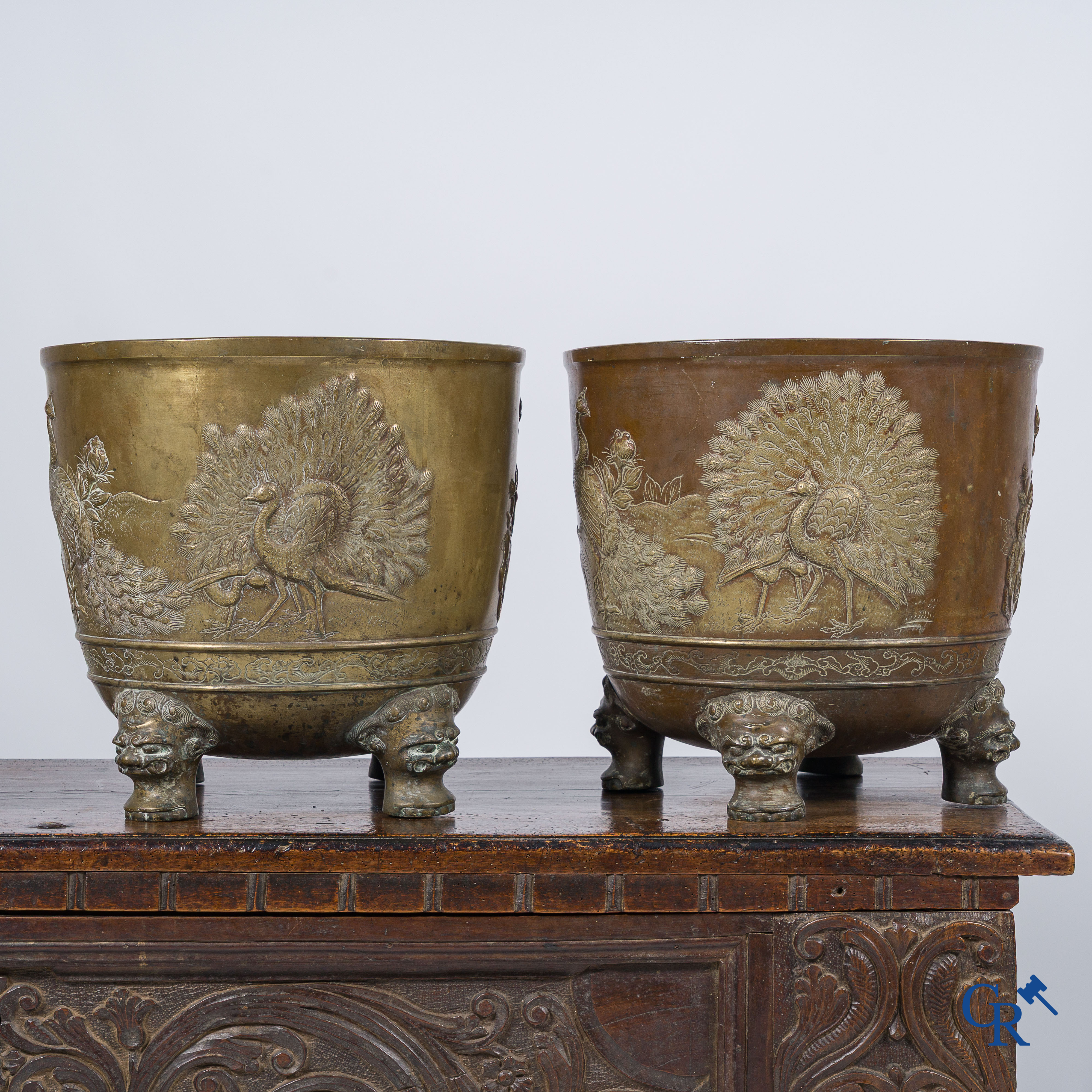 Aziatica. Japan. 2 grote Japanse bronzen cache-pots of jardinières. Decor van pauwen. 19e eeuw.