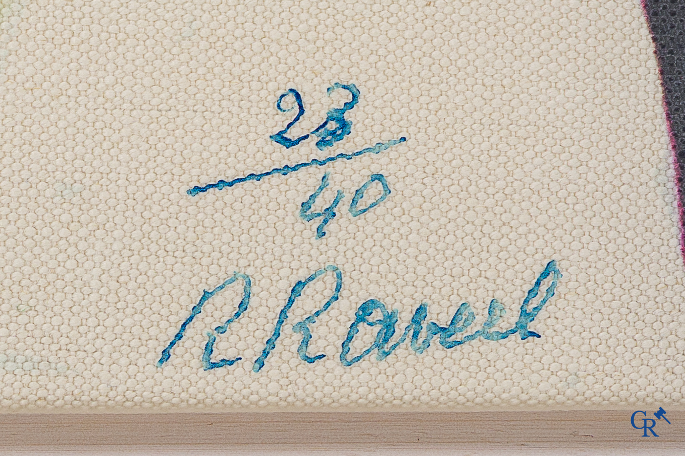Roger Raveel (1921-2013)(*) "Gebogen man in een gestreepte ruimte" Diepdruk op vlaslinnen. Genummerd 23/40.