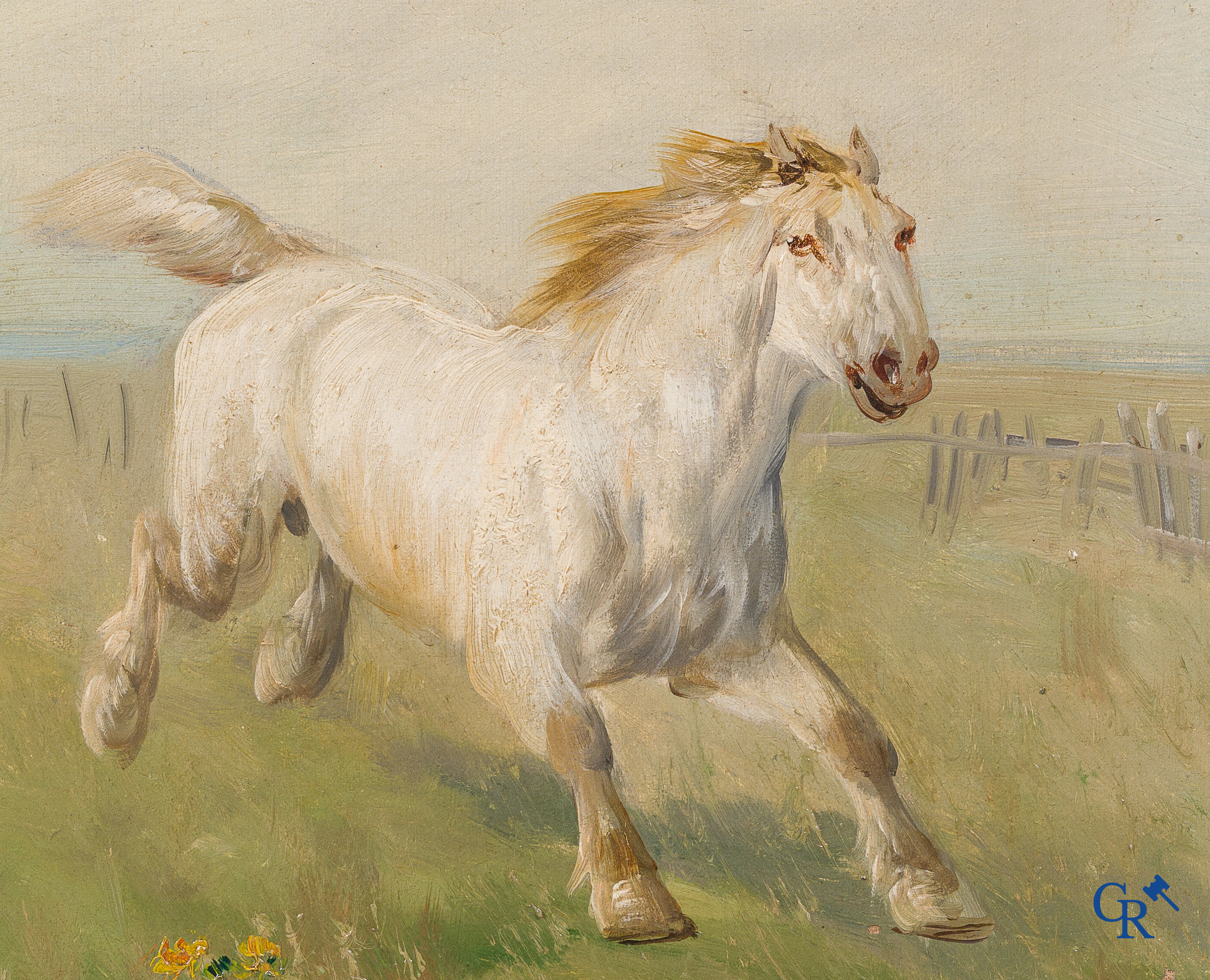 Henry Schouten. Groot schilderij in een mooie vergulde kader. "Paarden in een weide" Linksonder gesigneerd.