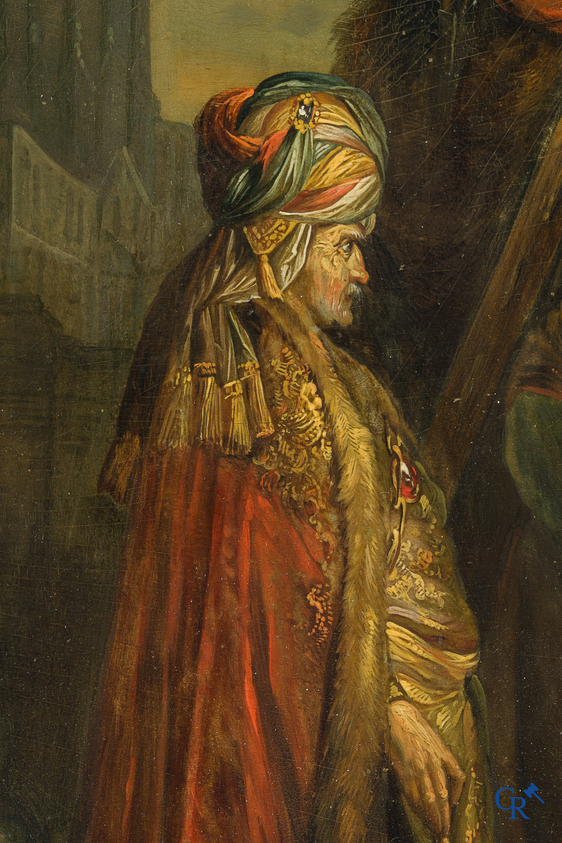 Painting. After Rembrandt van Rijn. The Descent from the Cross. Oil on parqueted panel. 18th century.