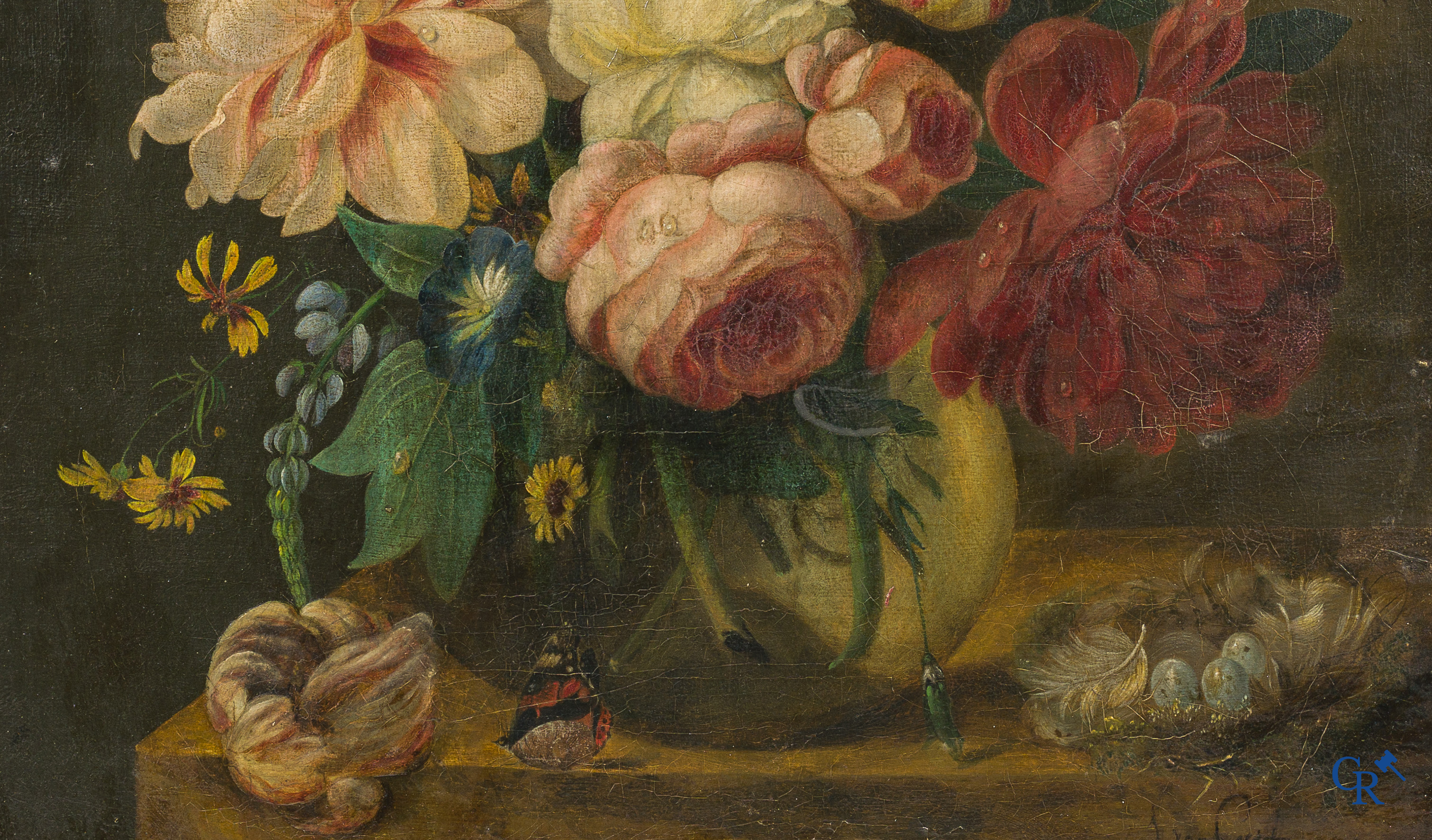 Bloemenstilleven met insecten. Schilderij, olie op doek. Onleesbaar gesigneerd onderaan rechts. 19e eeuw.
