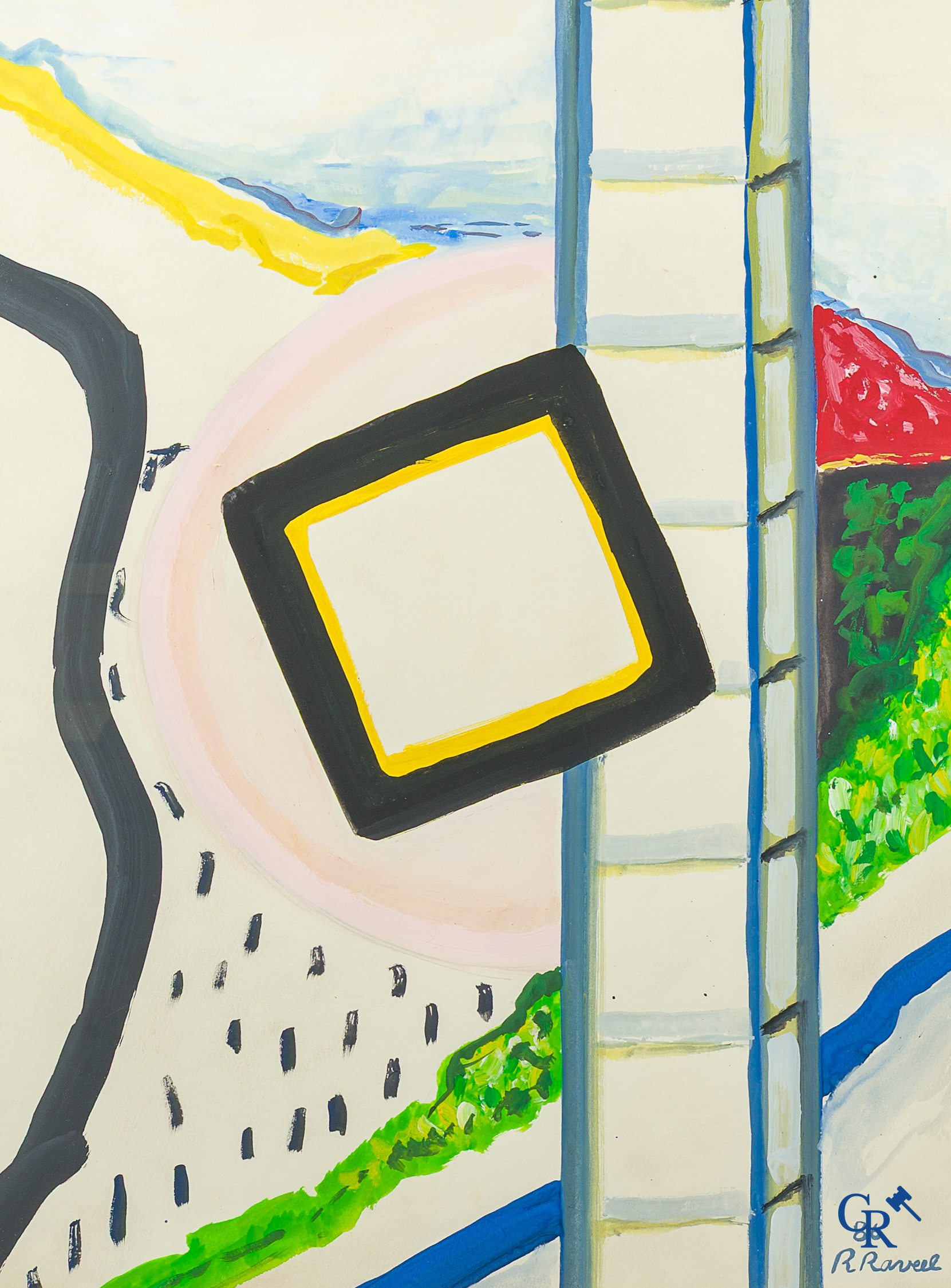 Roger Raveel (1921-2013) (*). "De leegte in het midden van een landschap" Waterverf, gouache. 1986.