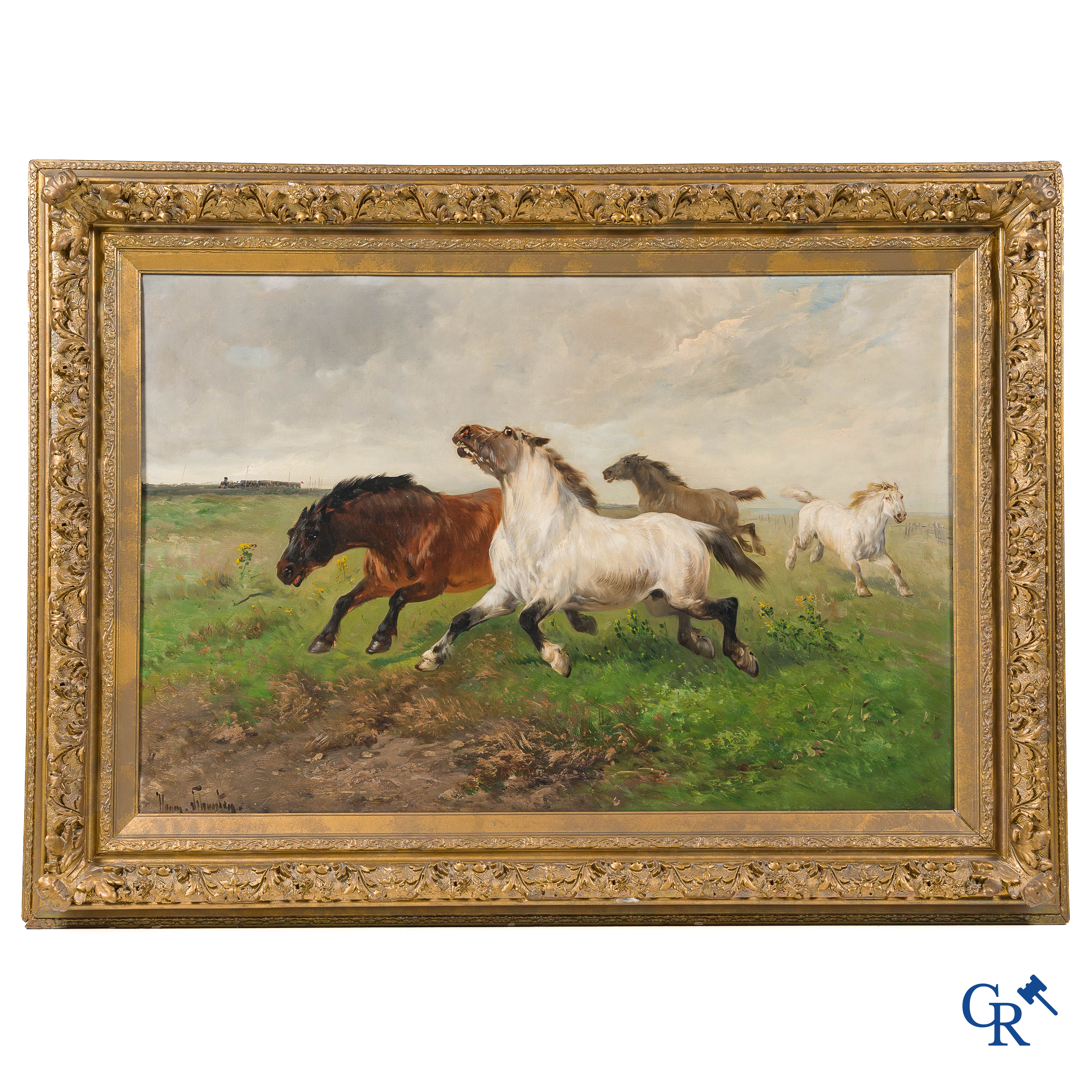 Henry Schouten. Groot schilderij in een mooie vergulde kader. "Paarden in een weide" Linksonder gesigneerd.