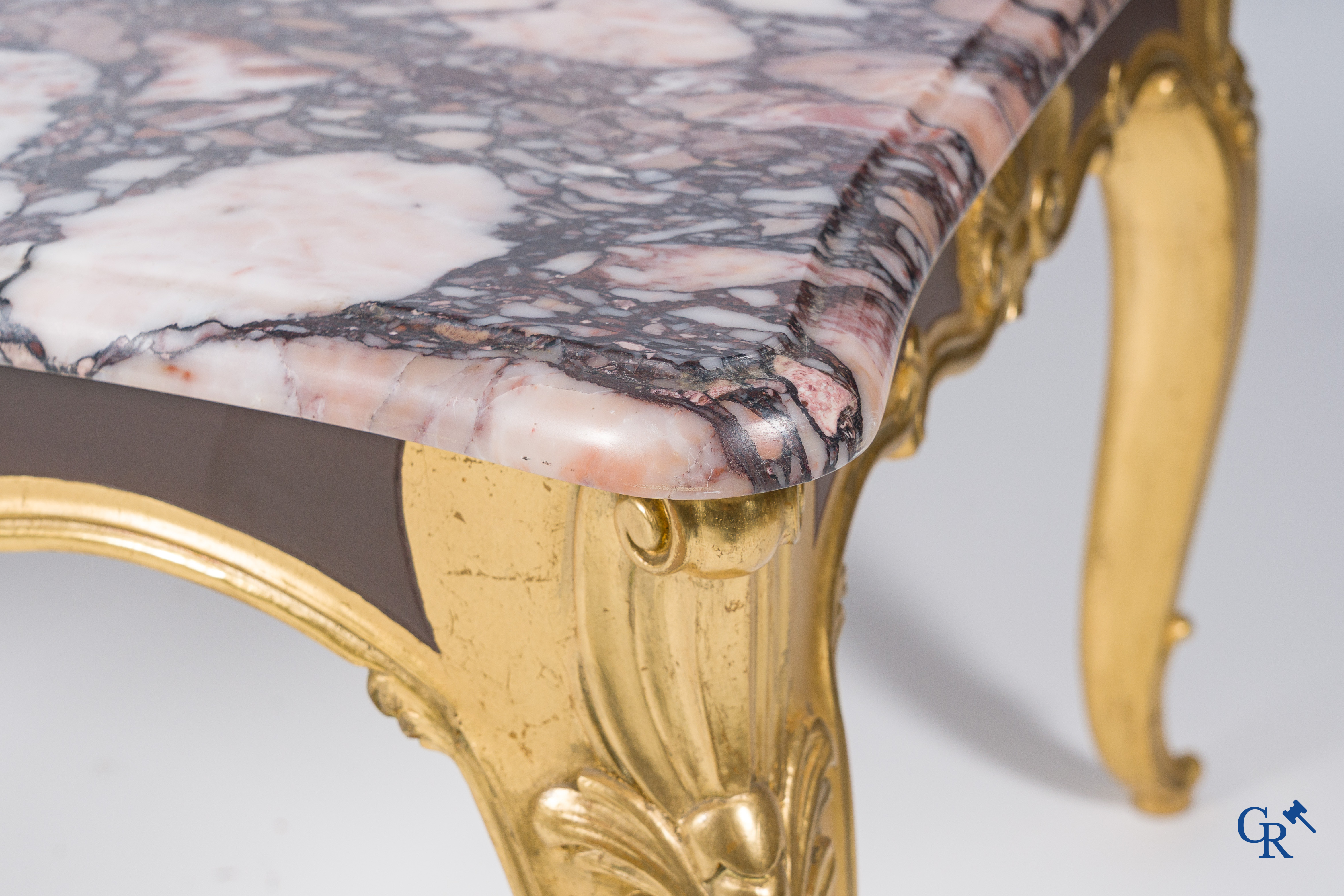 Furniture. Coffee table in gilded wood and marble top and 2 chairs with cannage. LXV style.