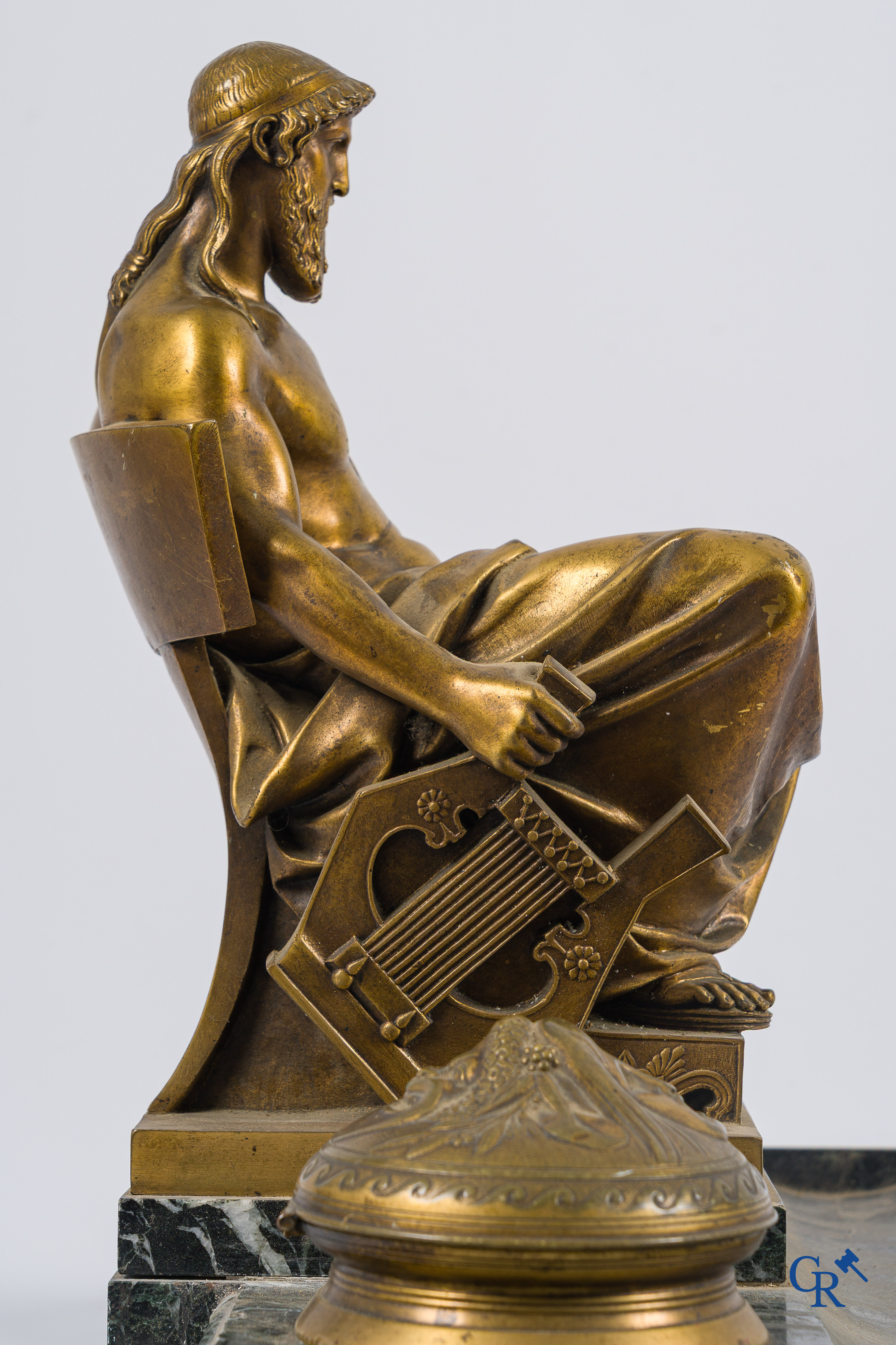 Napoleon III period. Exceptionally large desk set or ink set in gilded bronze and marble.