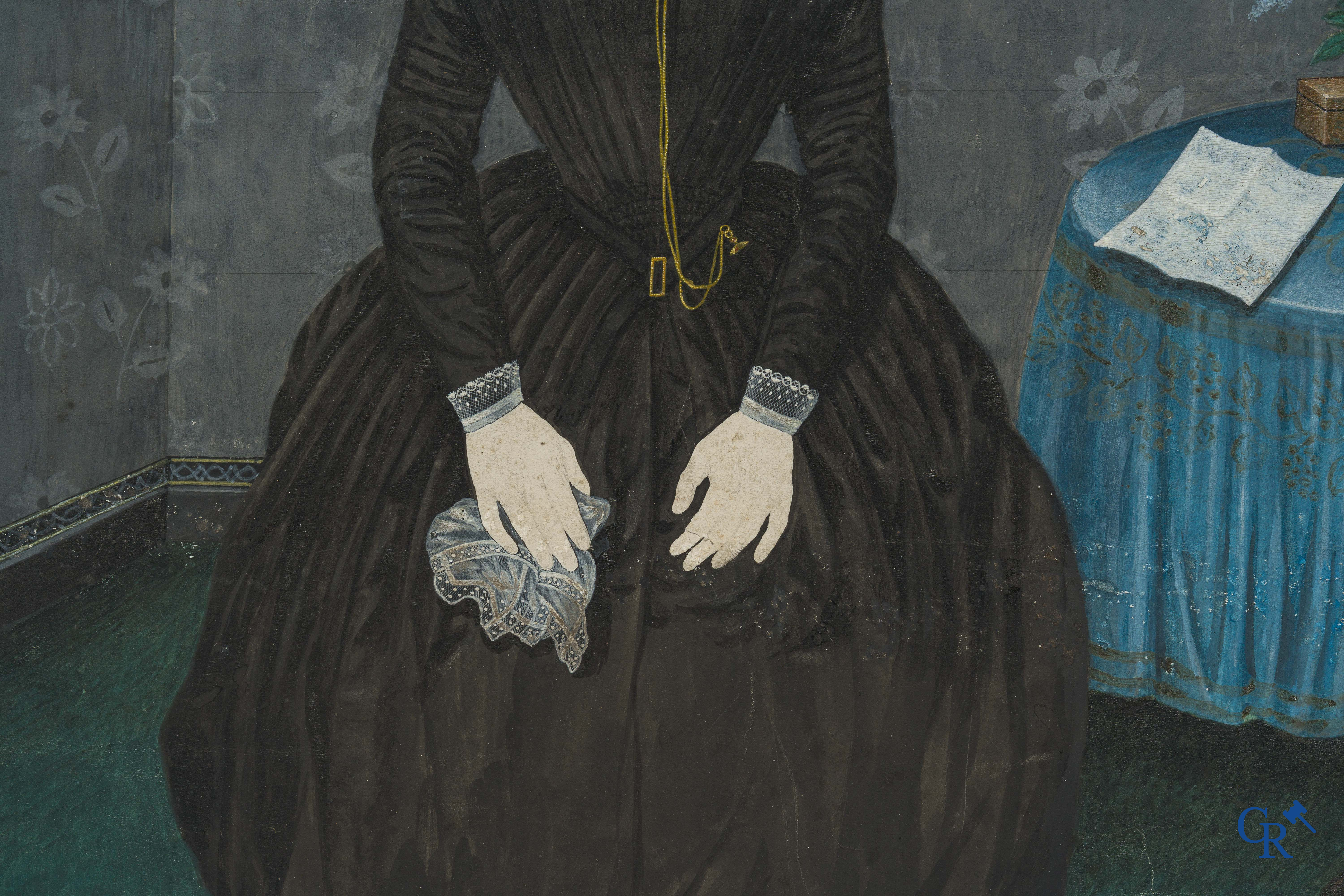 Ammi Phillips (1788-1865) Amerikaanse folk art. Portret van een jonge vrouw met kanten kraag en sieraden.