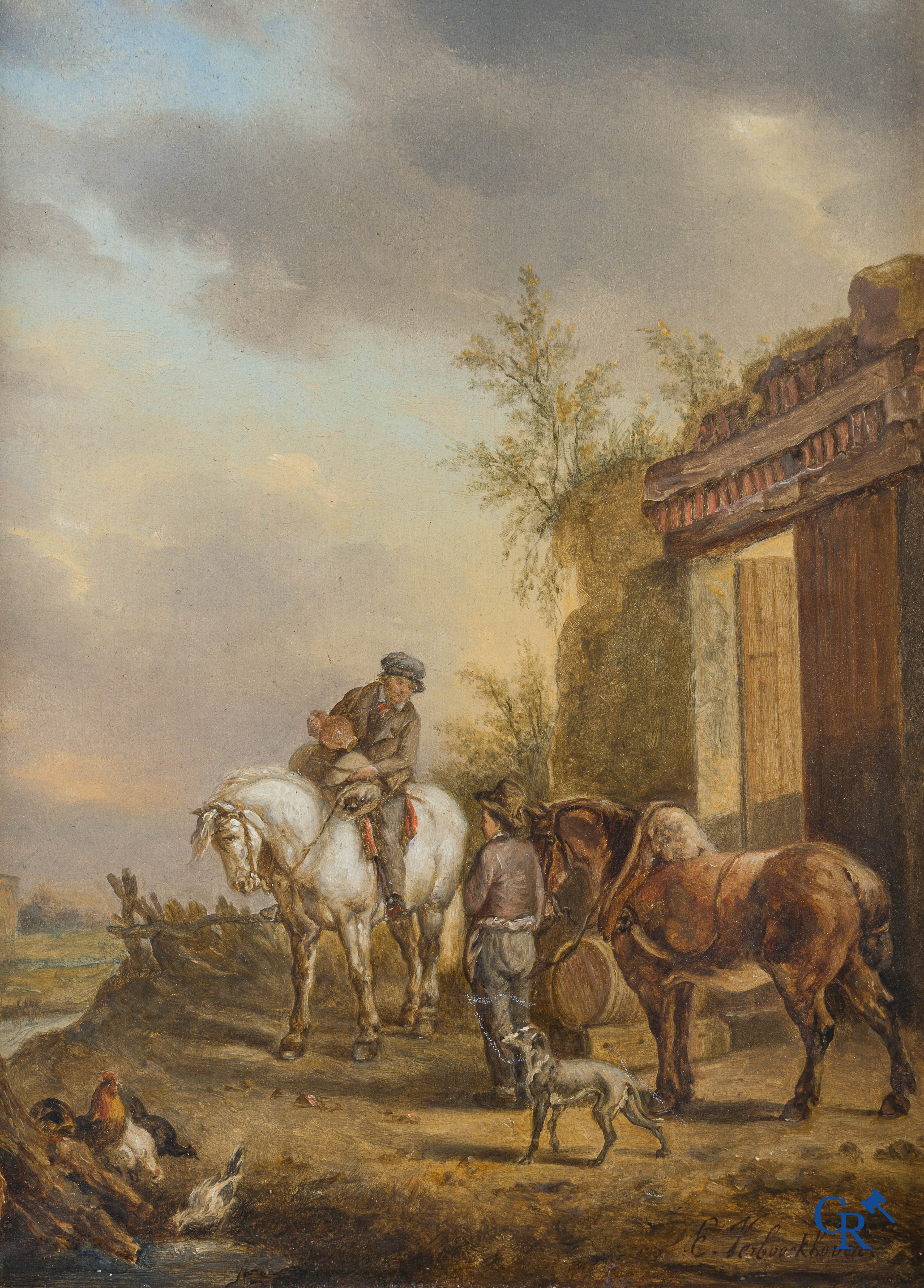 Eugène Verboeckhoven (1798-1881) Reiziger te paard bij rustplaats. Olie op mahonie paneel. Rechtsonder gesigneerd.