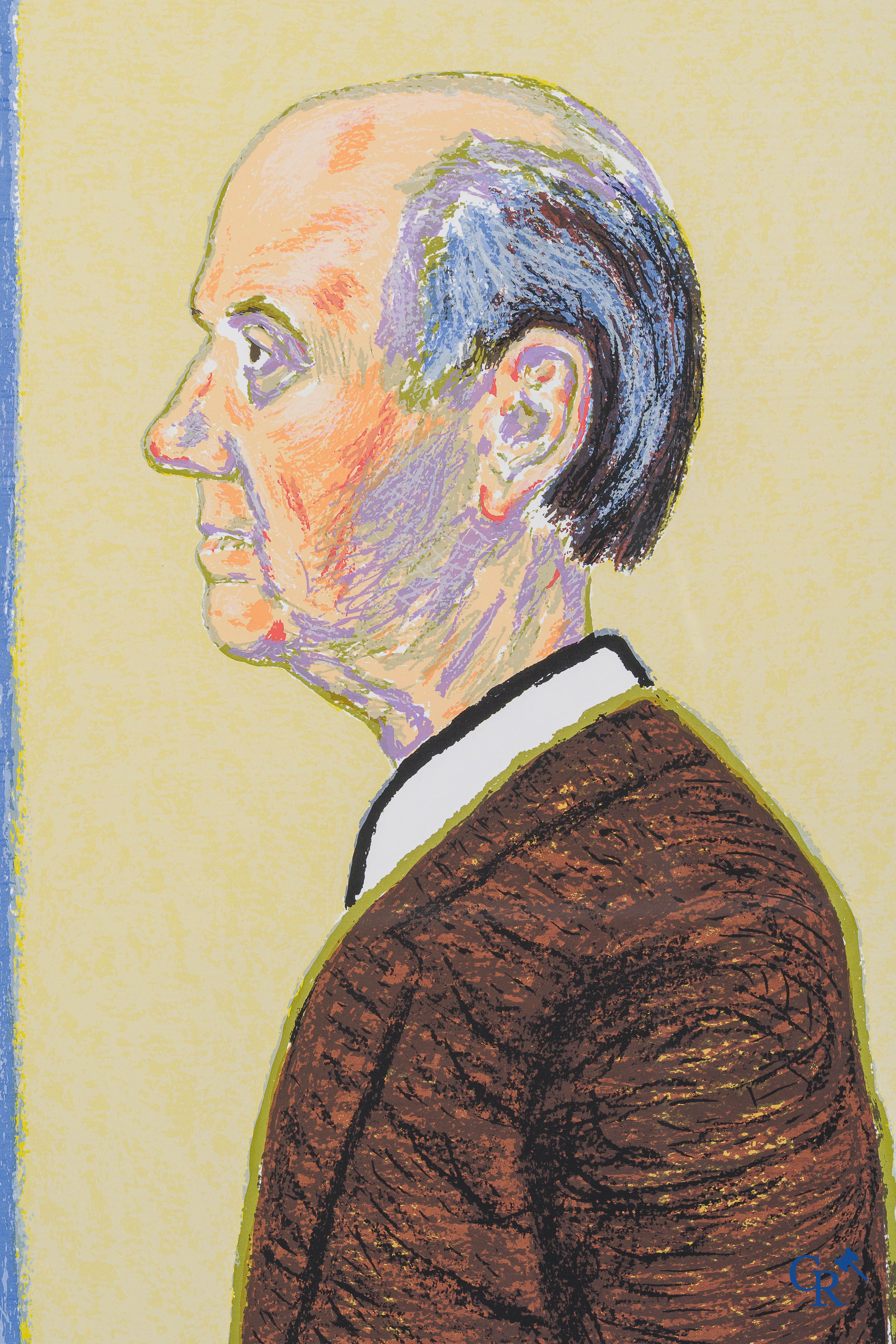 Roger Raveel (1921-2013)(*) Zelfportret in profiel. Grote kleurenzeefdruk. Genummerd 92/125.