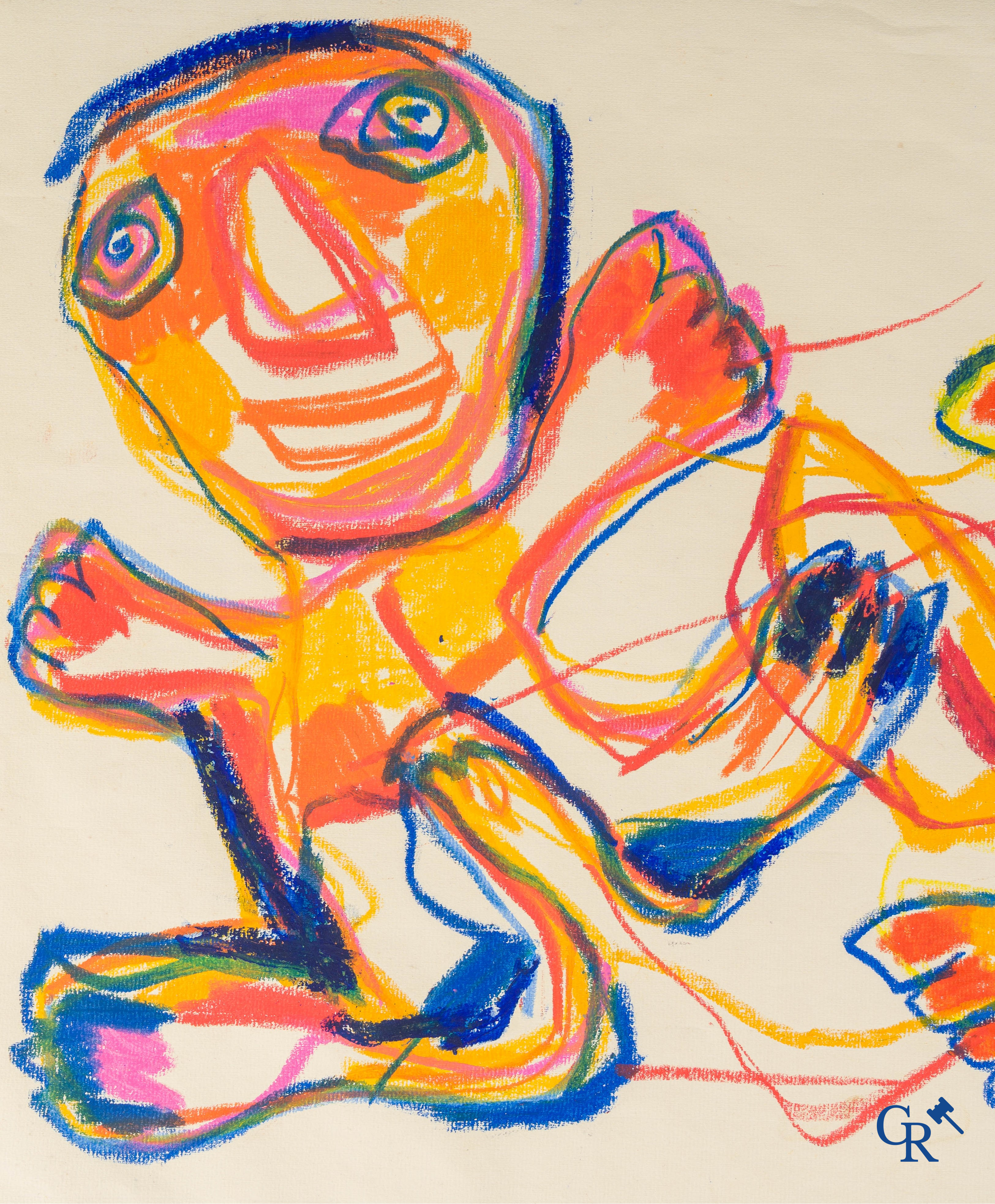 Karel Appel (1921-2006)(*) 2 Figures. Wasco (crayon de cire) sur papier. Signé en bas à droite Appel'70.