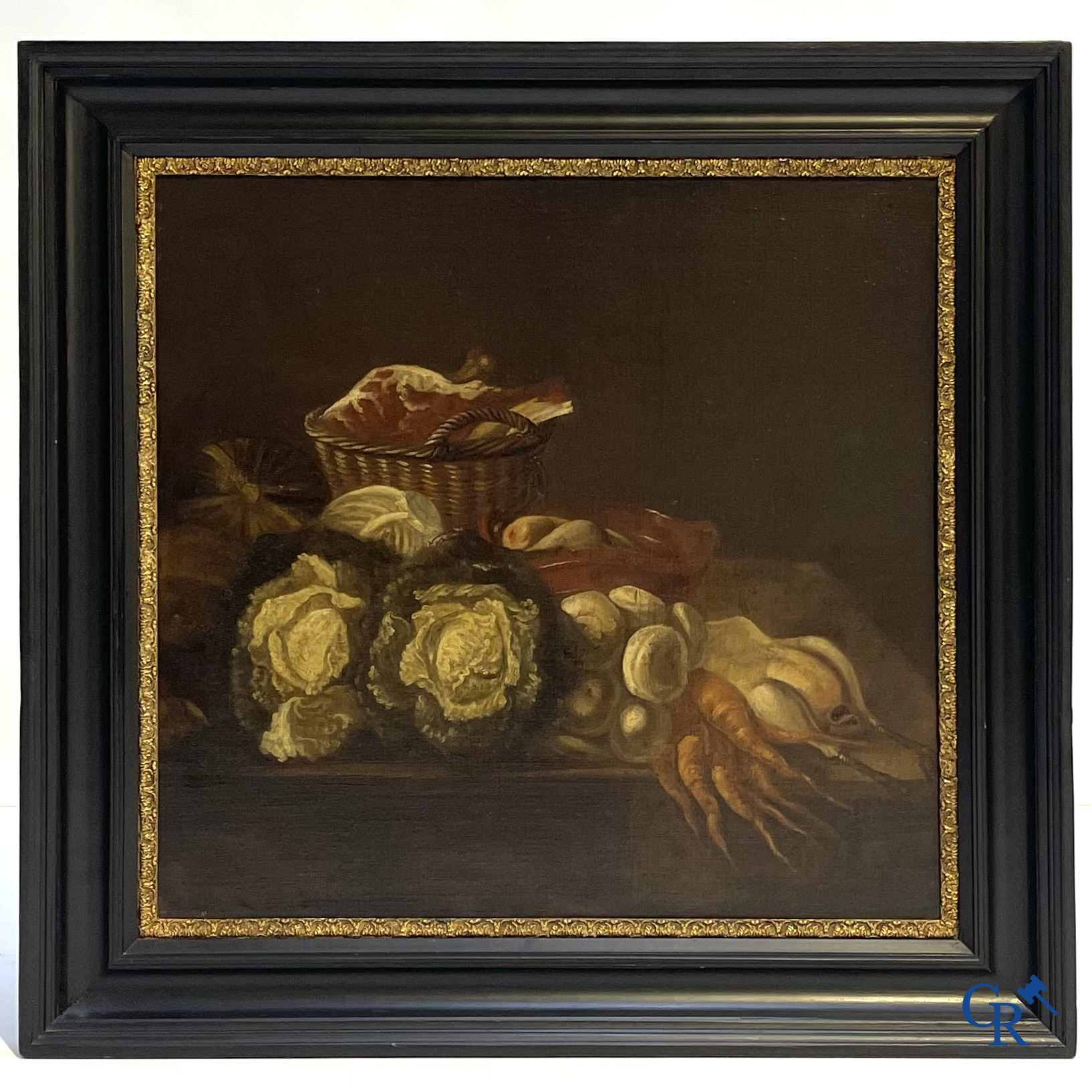 Schilderij, olie op doek. Stilleven met groenten, vlees en gevogelte. 18e eeuw.