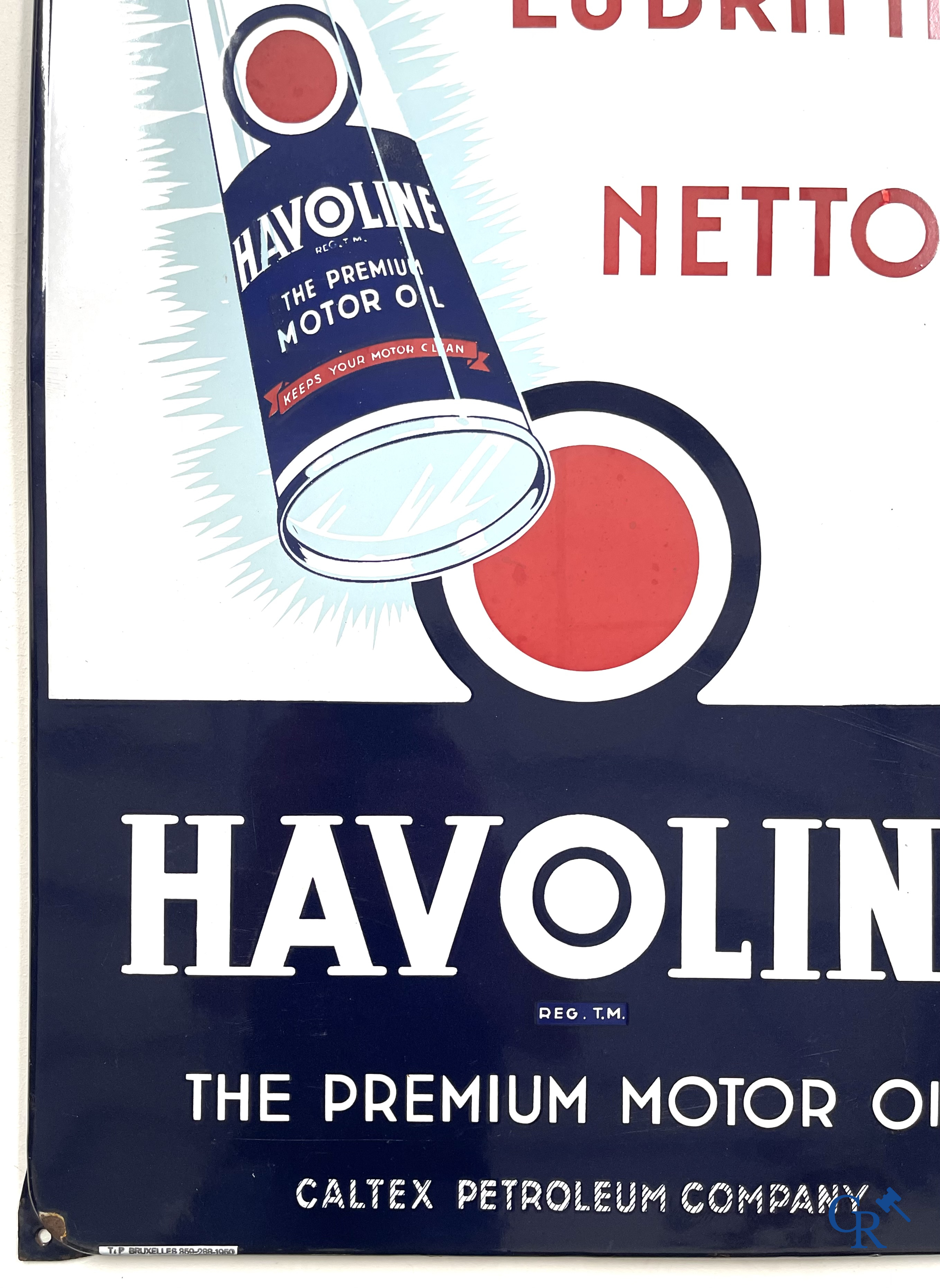 Havoline, emaille reclamebord voor motor olie Havoline van de Caltex Petroleum Company. T.P. Bruxelles 1950.
