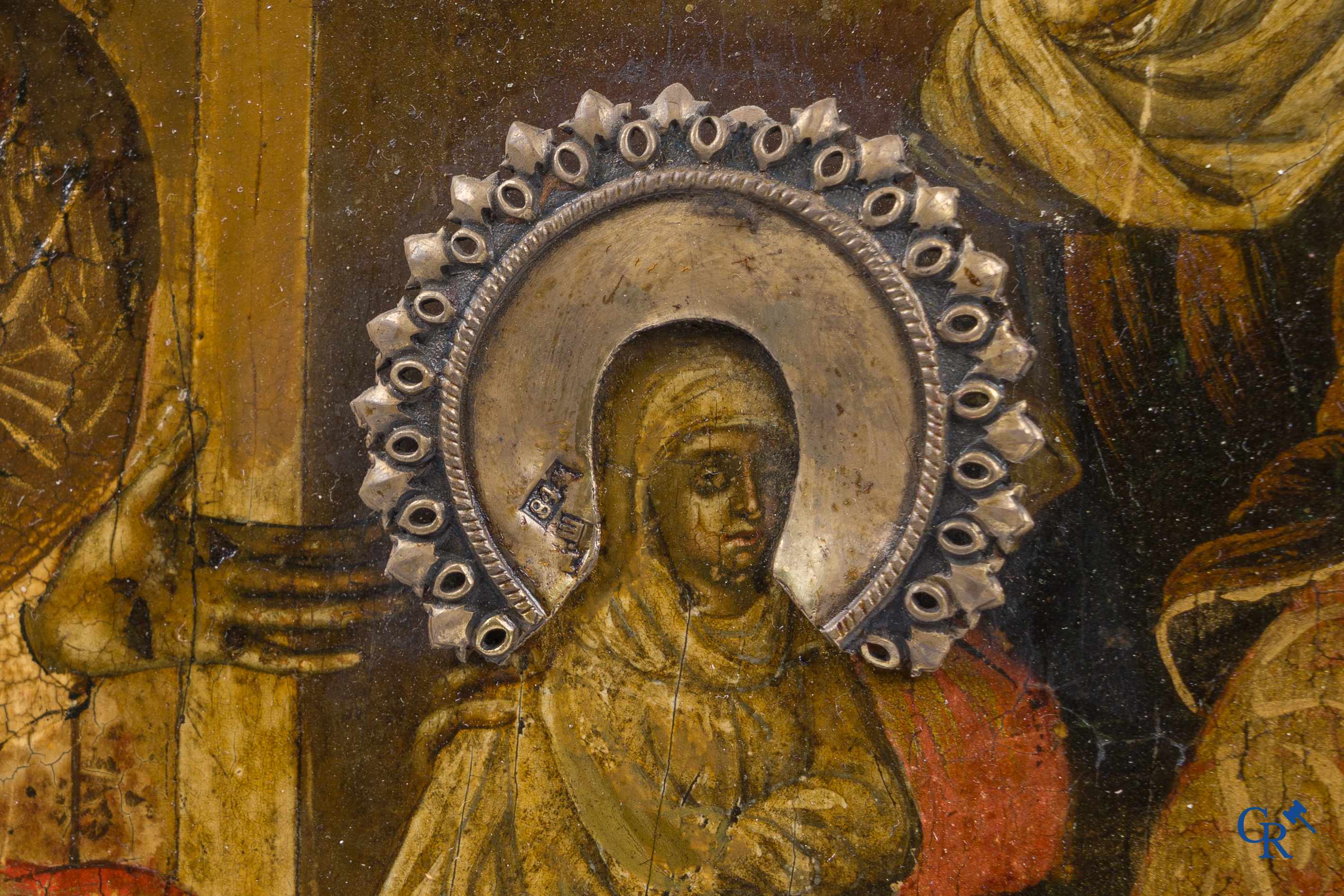 Russisch werk. De geboorte van Jezus. Grote Russische icoon met zilver oklad. Zilvergehalte 84 en gedateerd 1883.