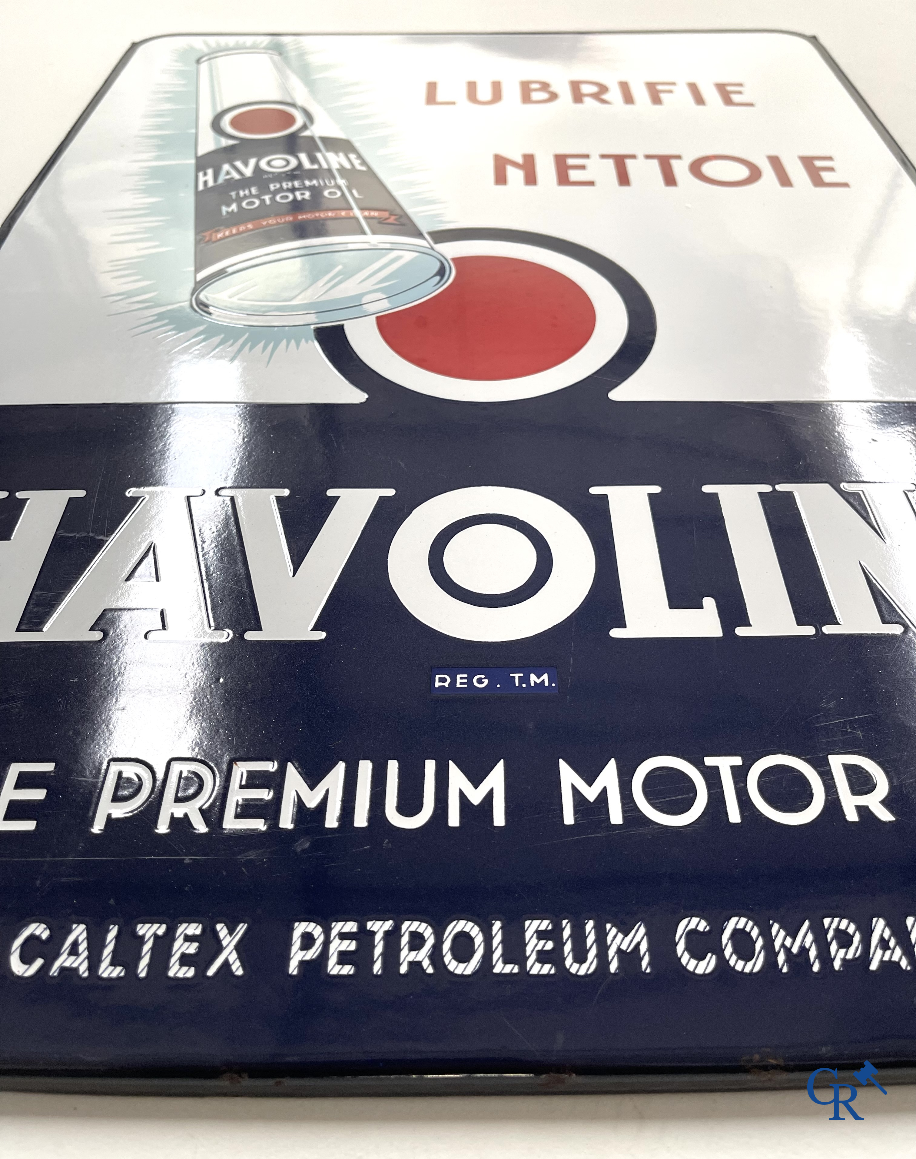 Havoline, emaille reclamebord voor motor olie Havoline van de Caltex Petroleum Company. T.P. Bruxelles 1950.