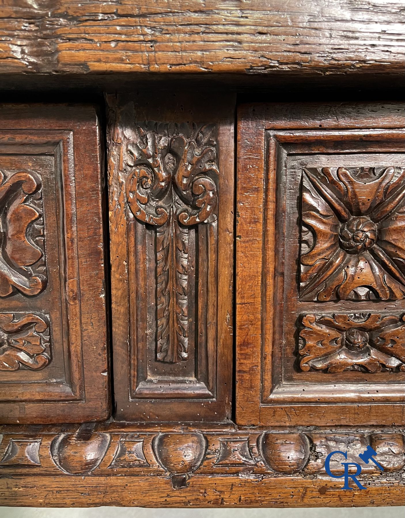 Furniture: 17th century carved walnut table with 3 drawers.