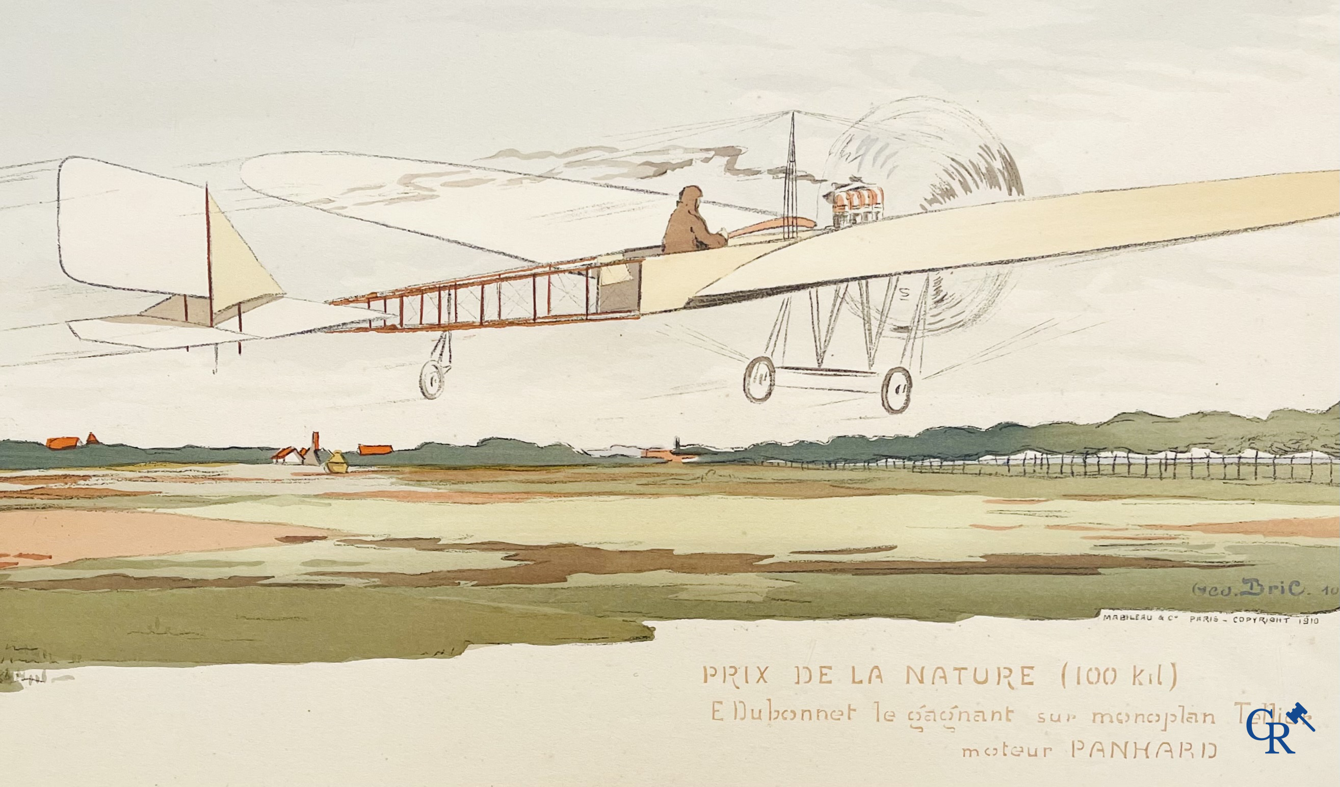 Georges Geo-Bric, Kleuren lithografie. Emile Dubonnet, le gagnant sur monoplan Tellier. Mabileau Paris 1910.