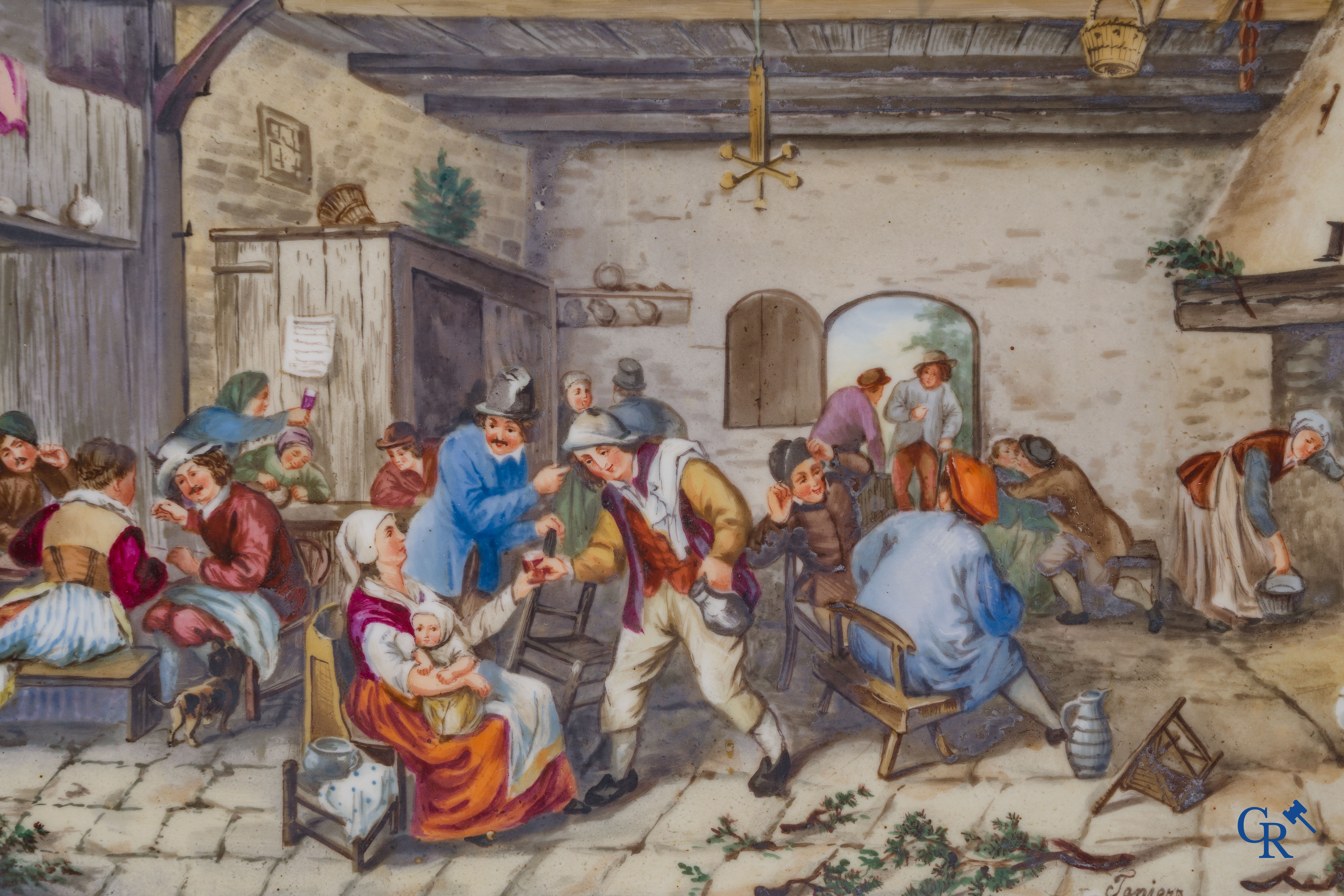 Teniers (d'après). Une paire de peintures sur porcelaine avec des scènes typiques de villages ruraux. Signé Teniers.