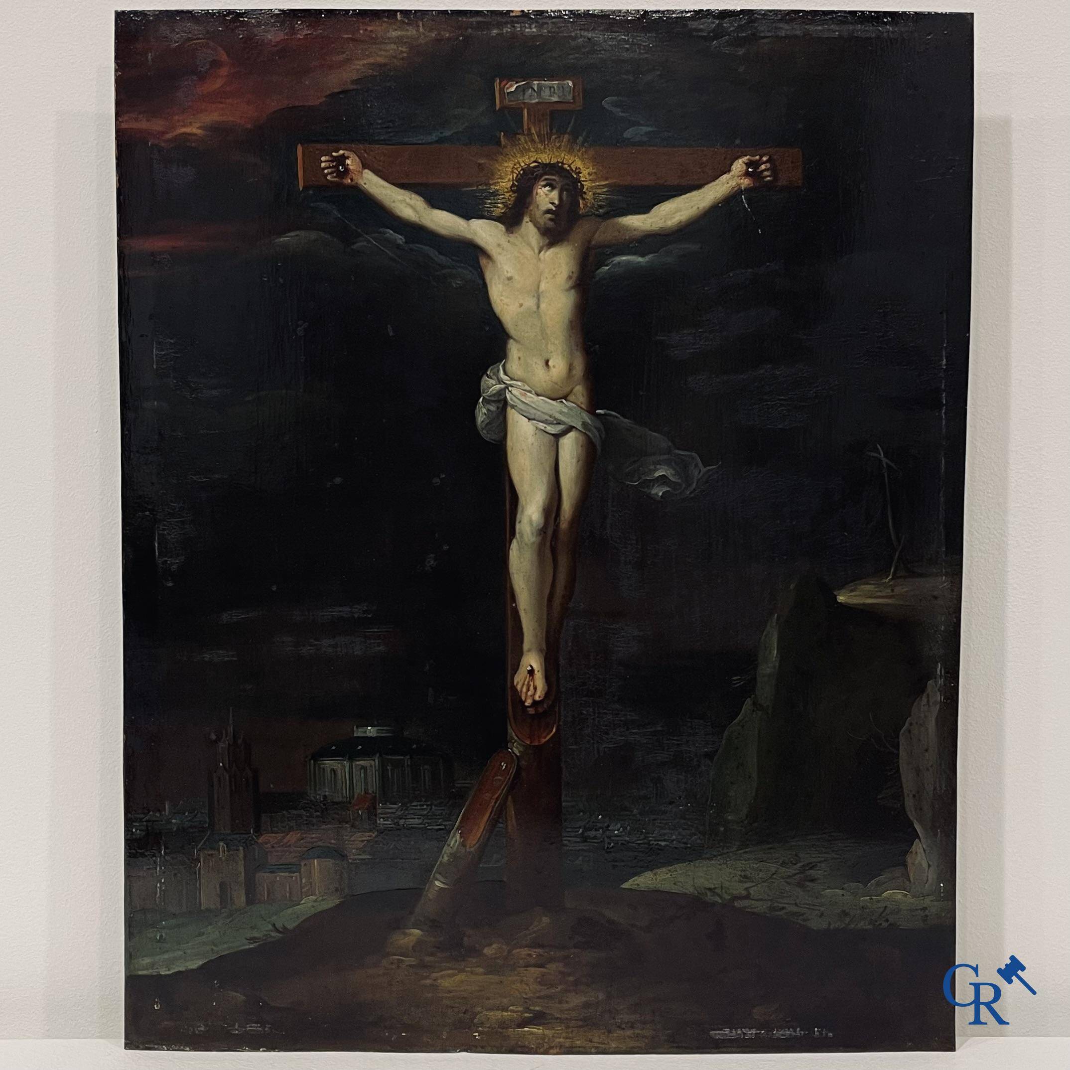 Vlaamse school: Christus aan het kruis. Olie op koper. 16-17de eeuw.