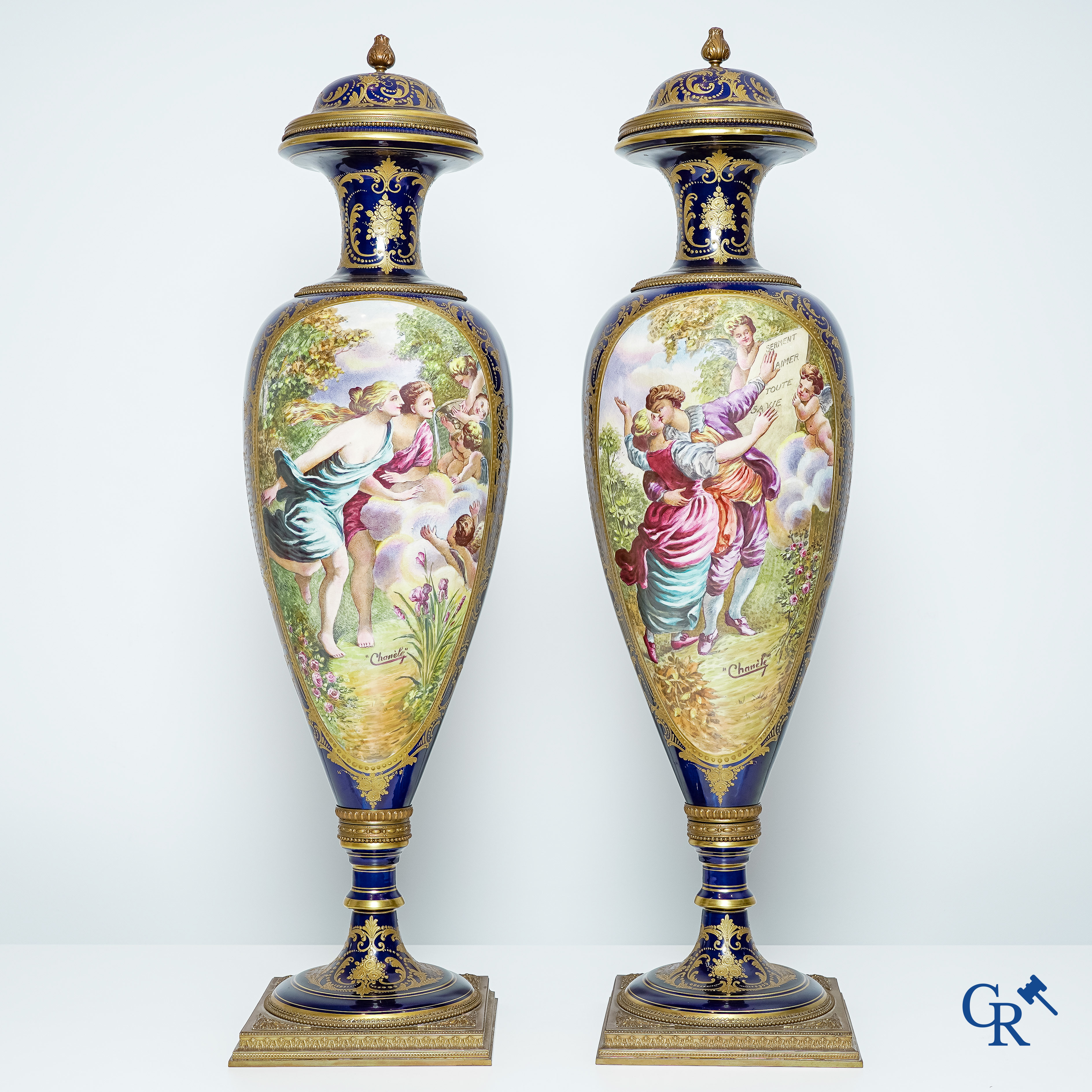 Sèvres: Pair of large bronze mounted vases in Sèvres porcelain. Late 19th century.