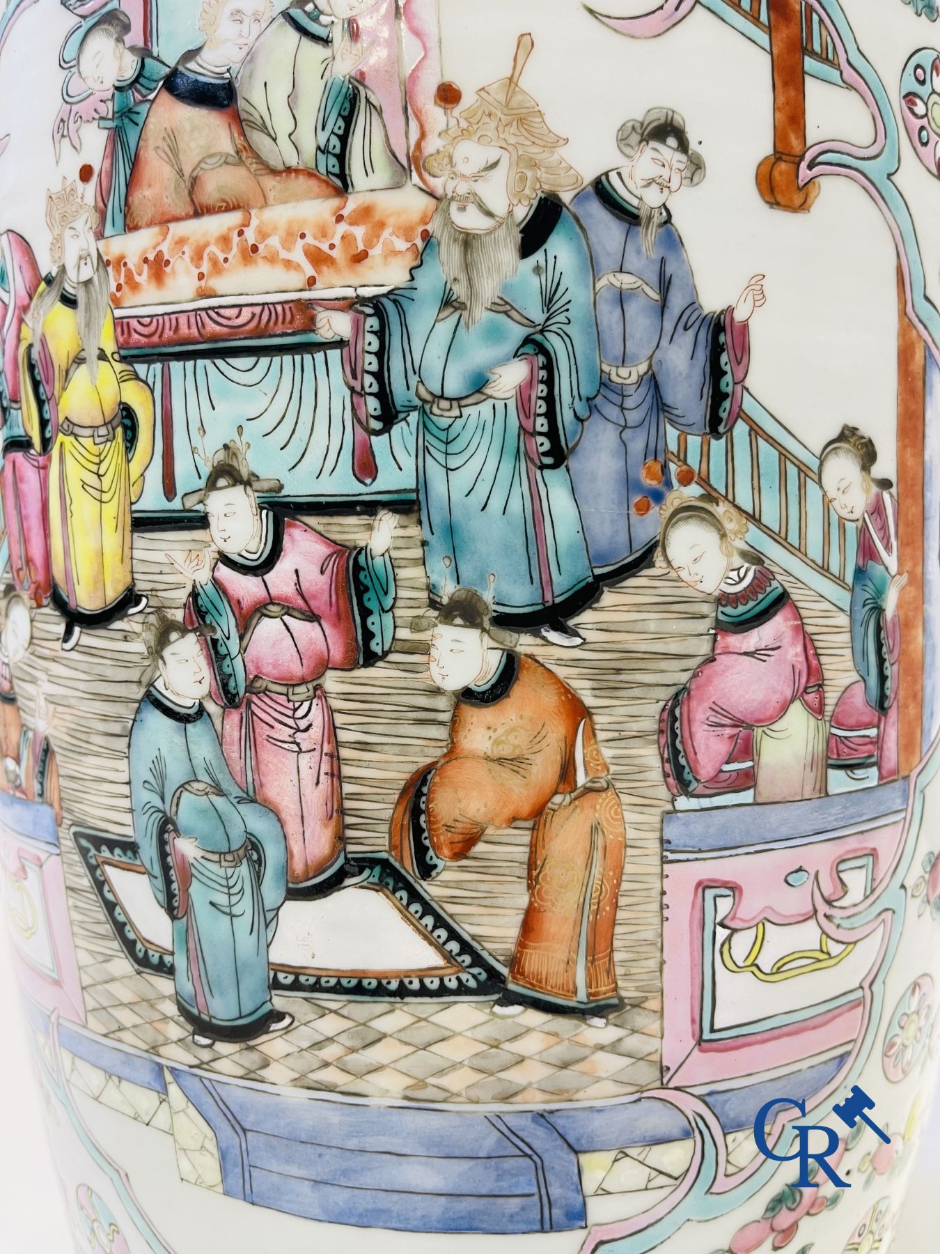 Asian art: Chinese porcelain, a pair of Chinese famille rose vases with court scenes. 19th century.