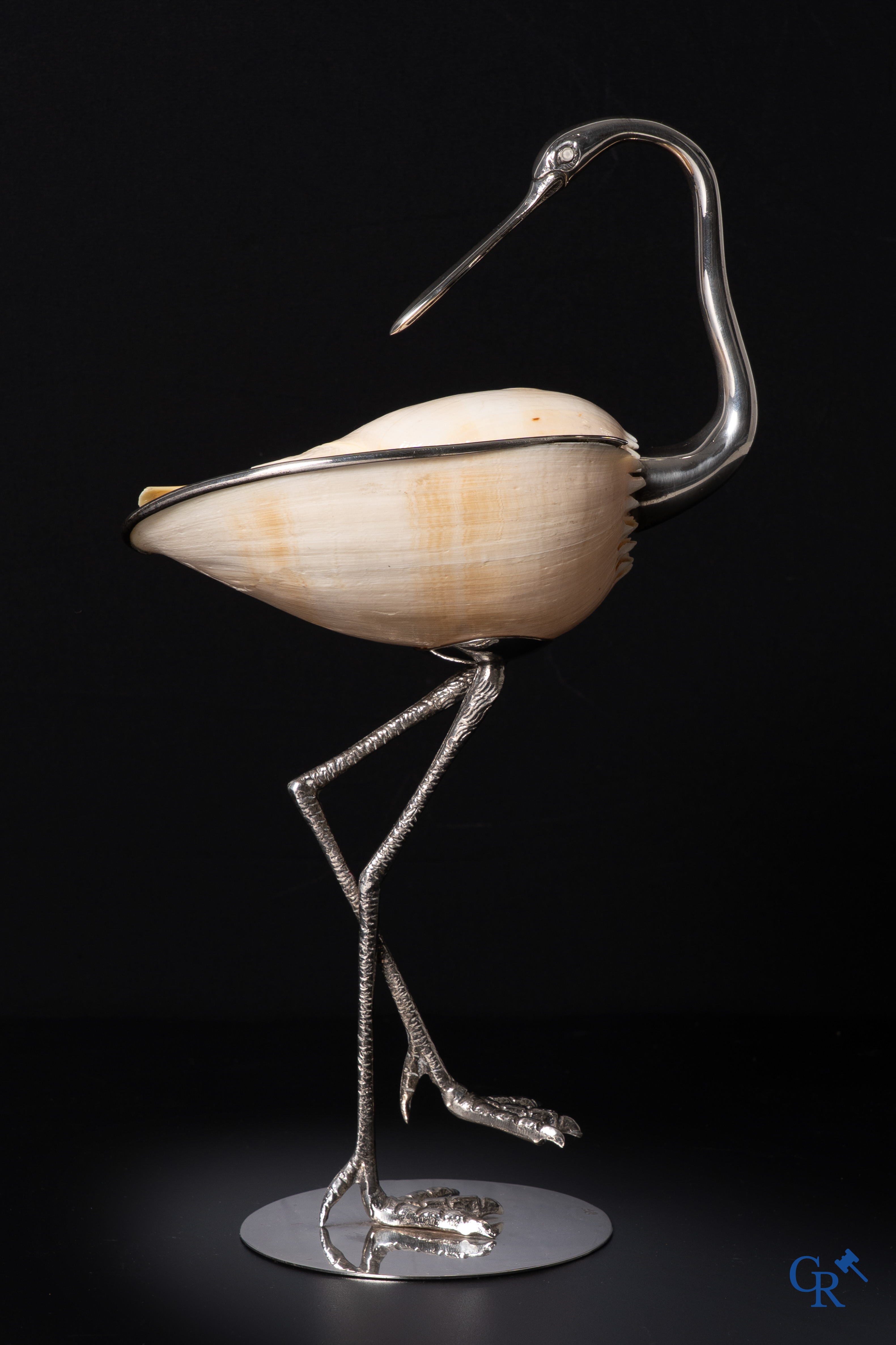 Gabriella Binazzi, Circa 1970, decorative silver-plated bird mounted with a shell. Signed Binazzi Italy.