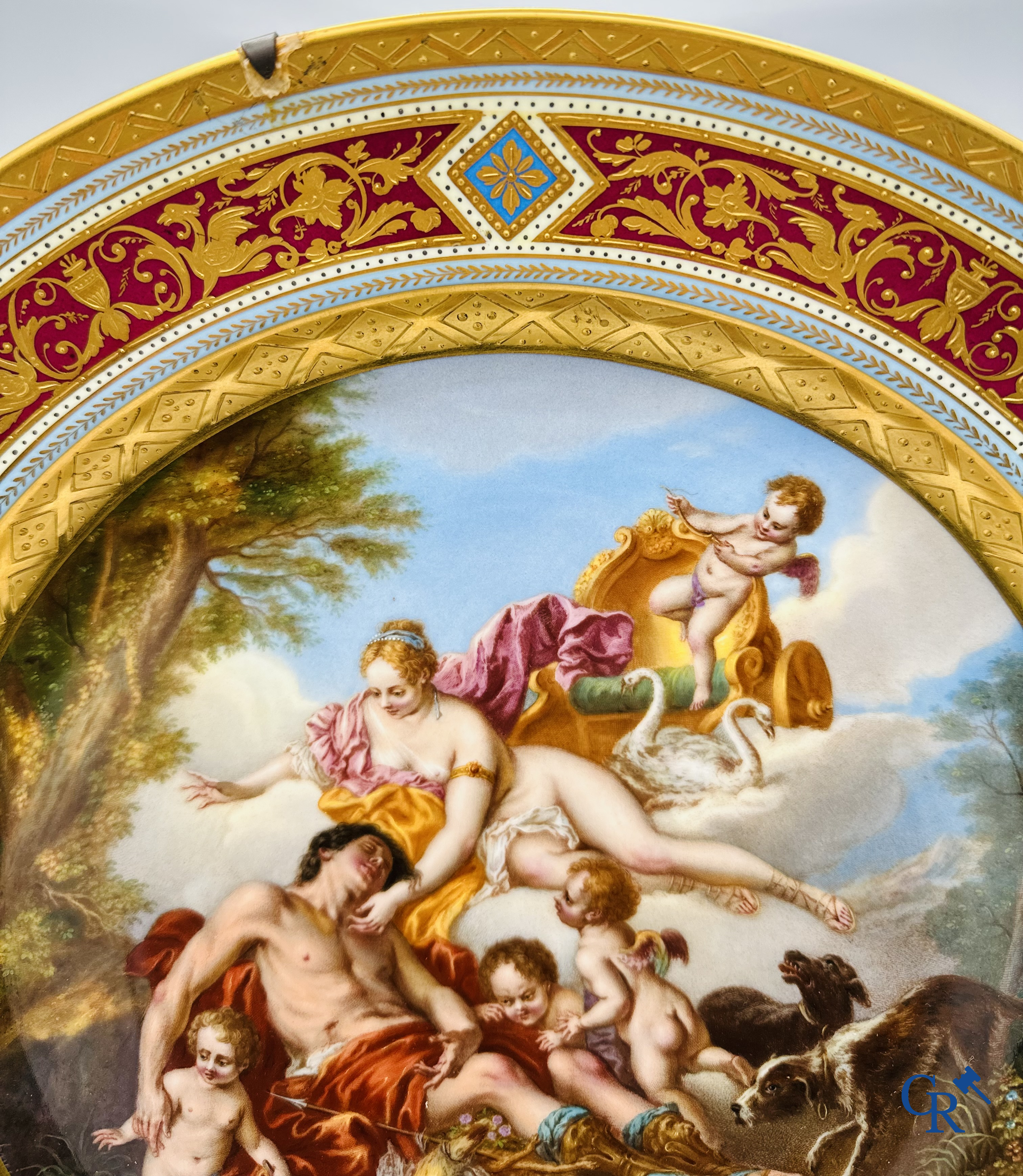 Royal Vienna Porcelain Manufactory: Large dish depicting the death of Adonis. 19th century.