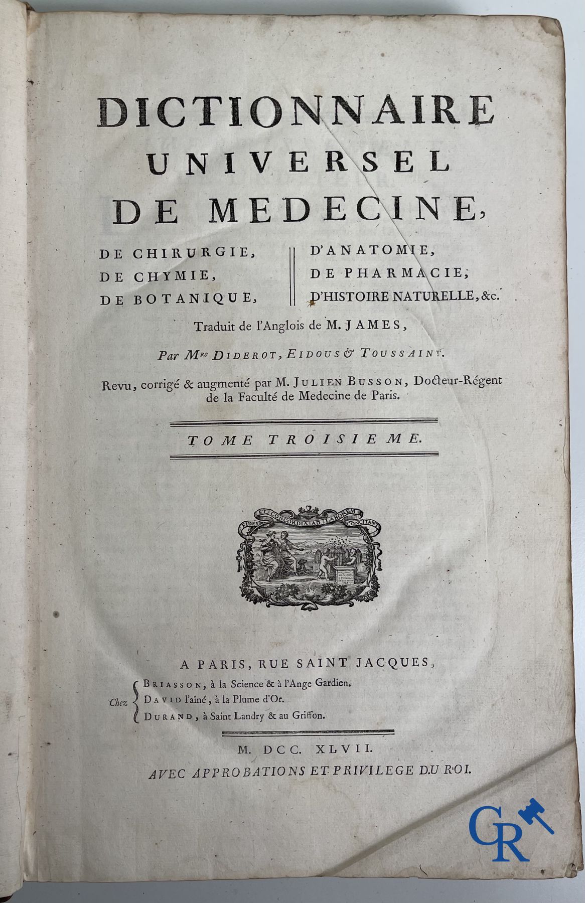 Oude boekdrukken: Dictionnaire Universel de Medecine, Robert James. 6 volumes, Paris 1746-1748.