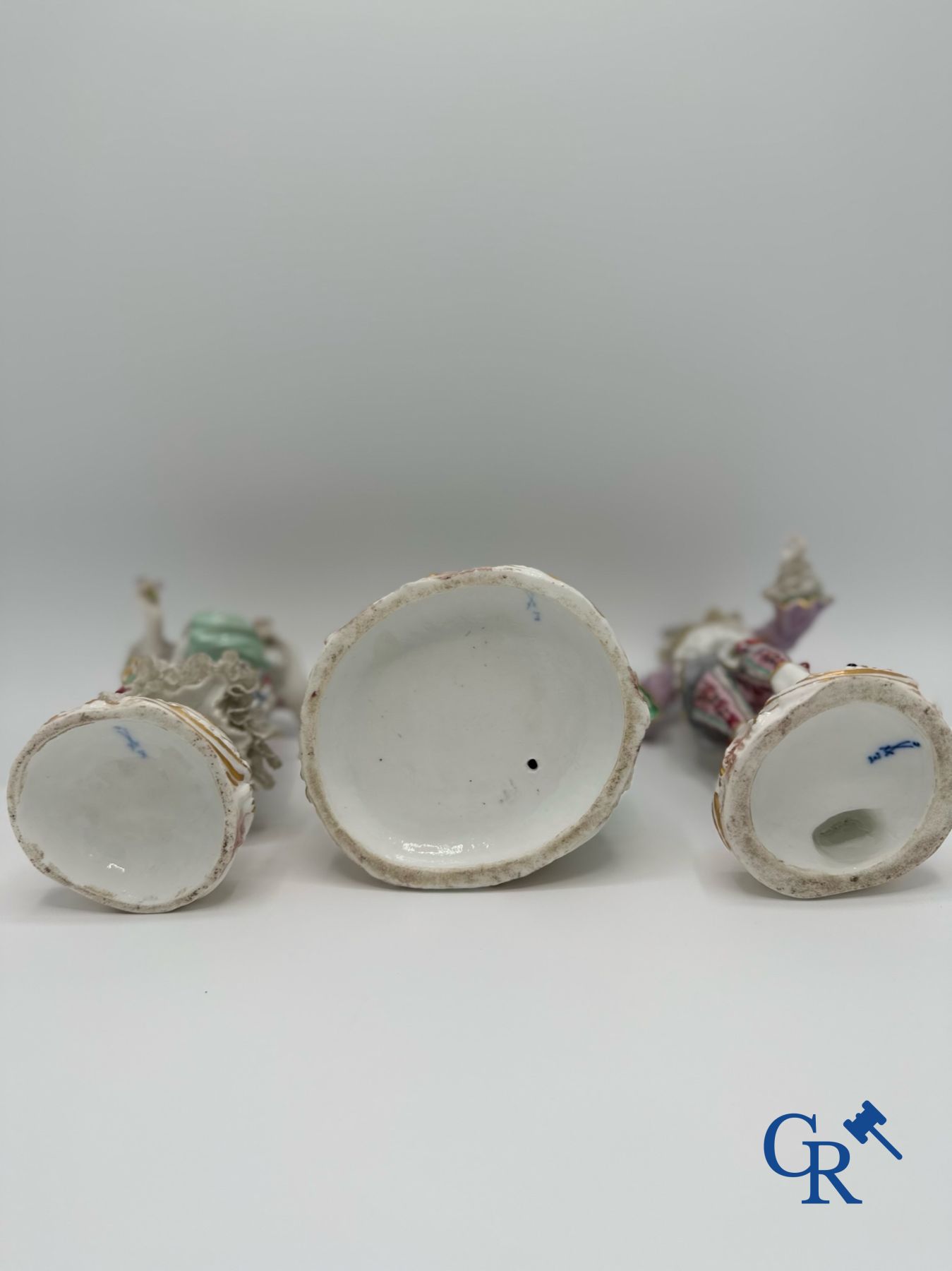 Porcelain: 3 groups of multicoloured decorated porcelain in the style of Meissen. 19th century.