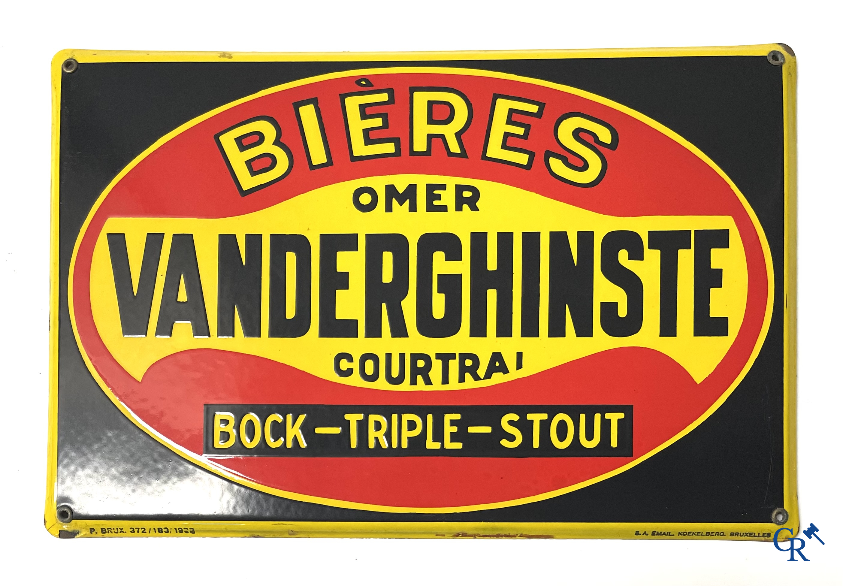 Plaque emaillée publicitaire pour les bières d'Omer Vanderghinste à Courtrai. Bock-Triple-Stout. Emaillerie Koekelberg 1933.