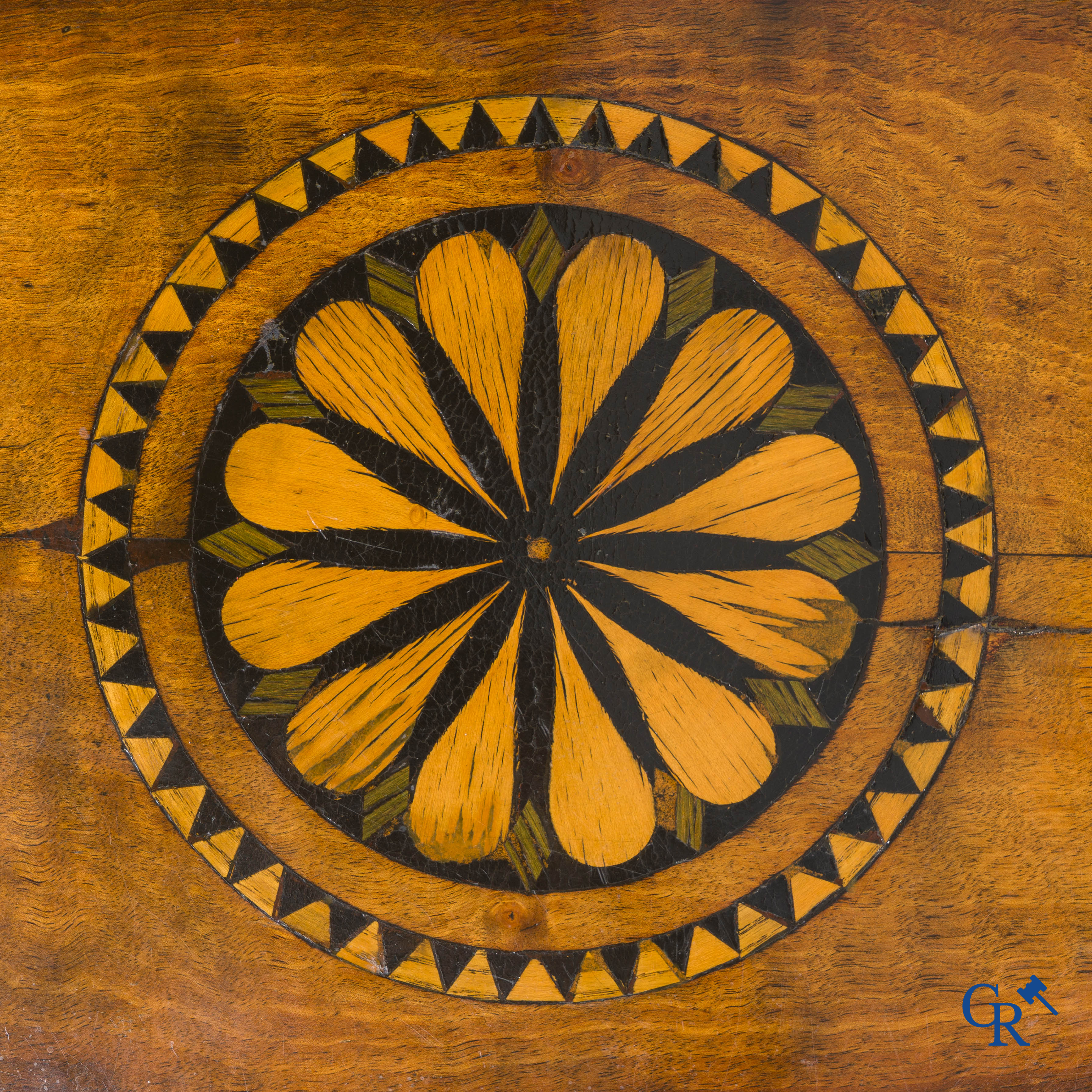 A lot of various furniture. An English clock, coffee table with marquetry, Napoleon III card table, 4 chairs.