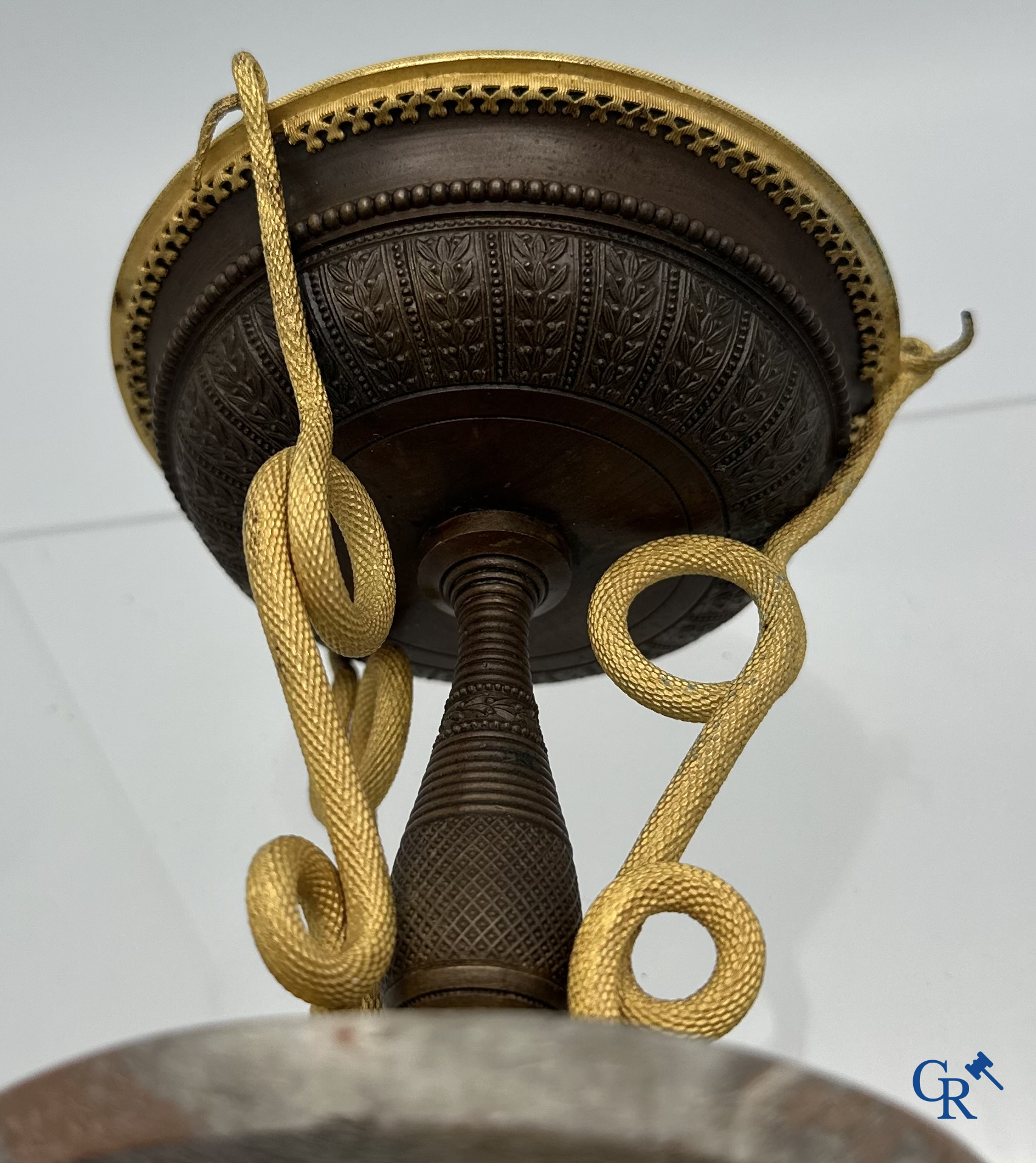 Restoration Period: Tazza with decorations of snakes in gilded and patinated bronze.