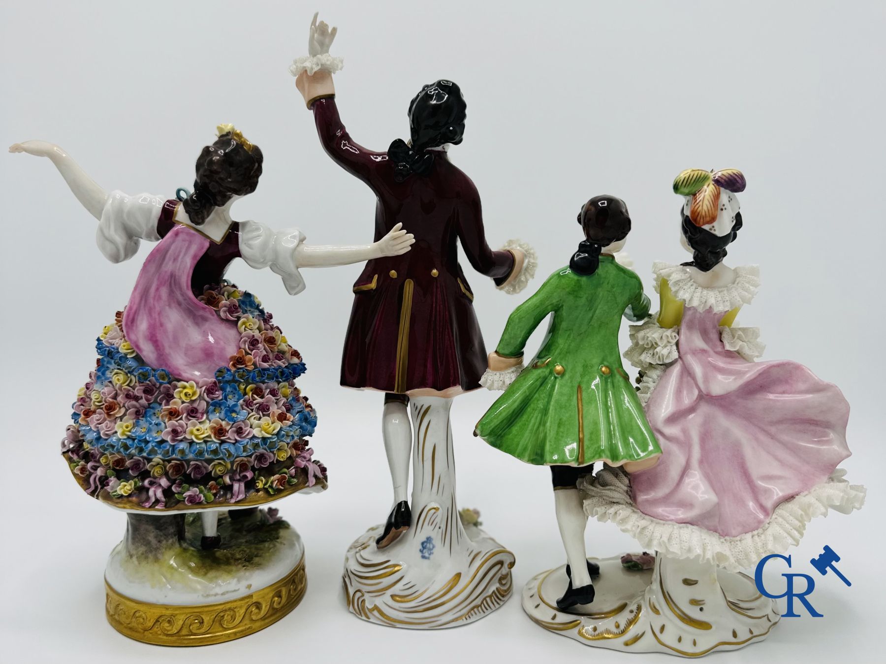 Porcelain: Volkstedt Rudolstadt: 3 porcelain romantic figures in dentelle (lace porcelain). Marked.