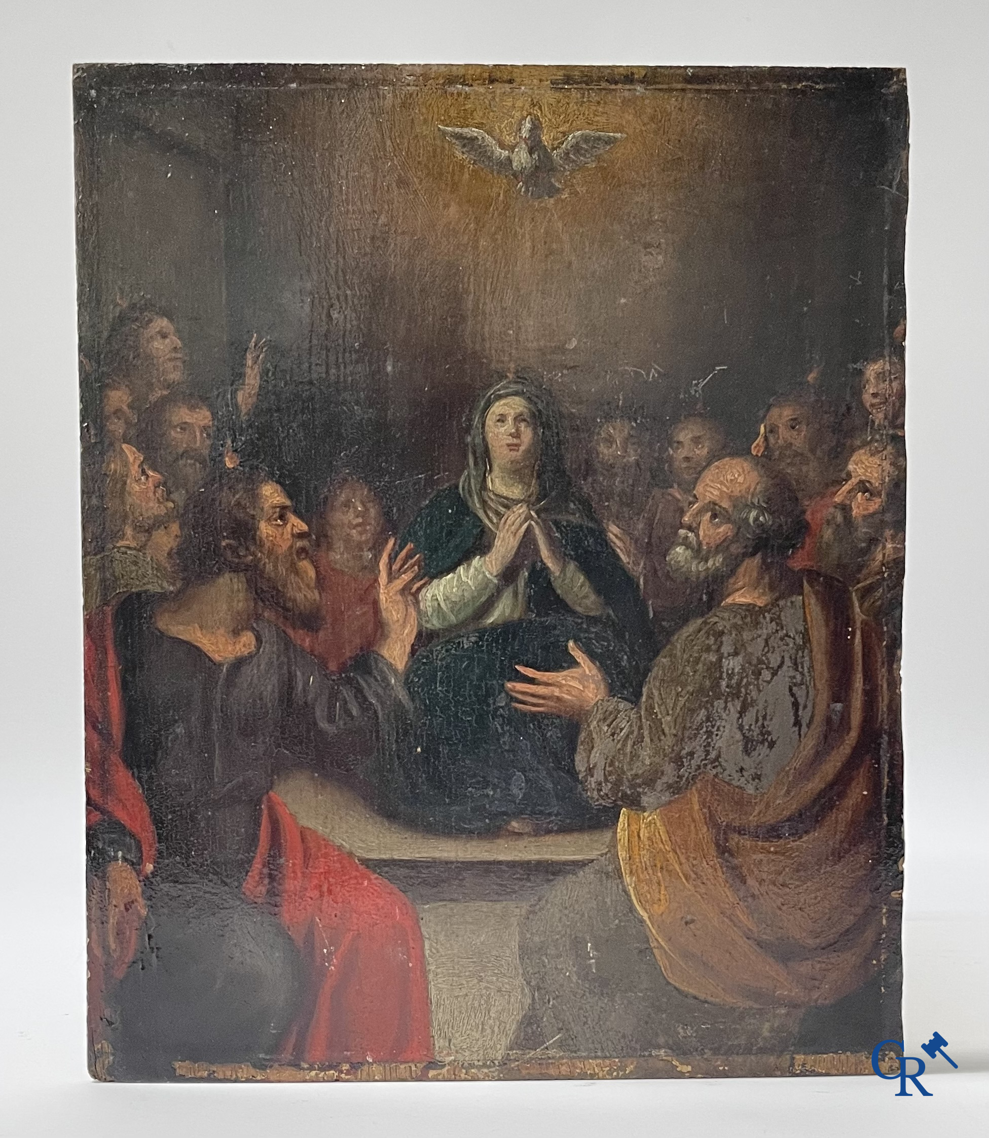 Peinture religieuse, La descente du Saint-Esprit. Huile sur panneau. On y joint un bol à couvercle en argent 900°/00.