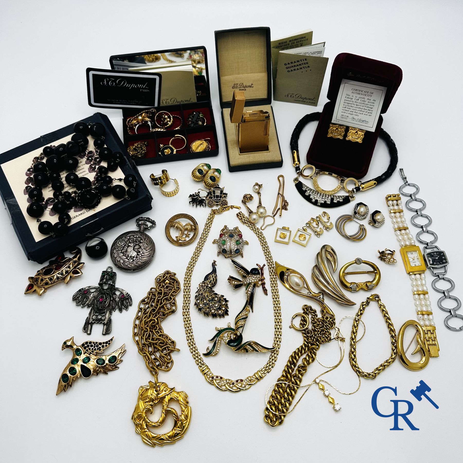 Large lot of fantasy jewellery, pocket watch, a Dupont lighter and cufflinks.